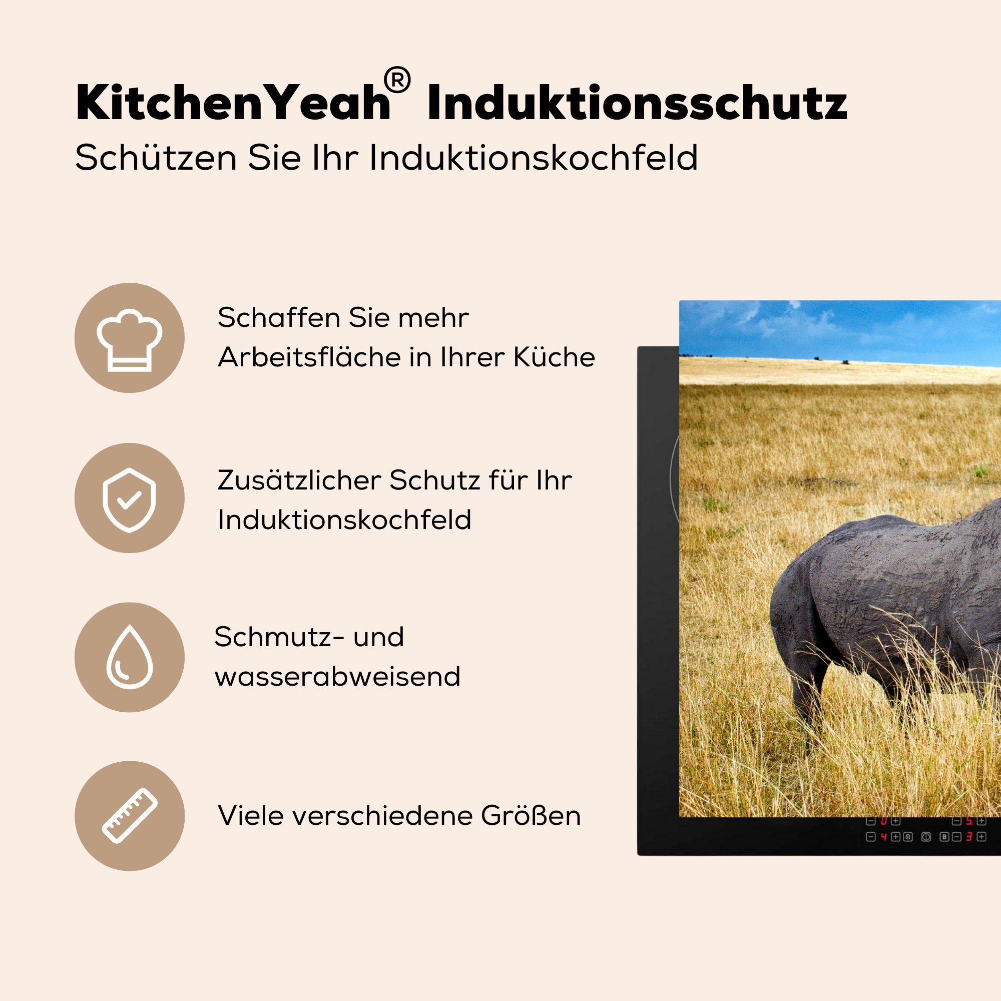 Induktionskochfeld Vinyl, cm, Rhinozeros Herdblende-/Abdeckplatte die - (1 Ceranfeldabdeckung küche, tlg), Schwarz MuchoWow Schutz für 81x52 Tiere, -