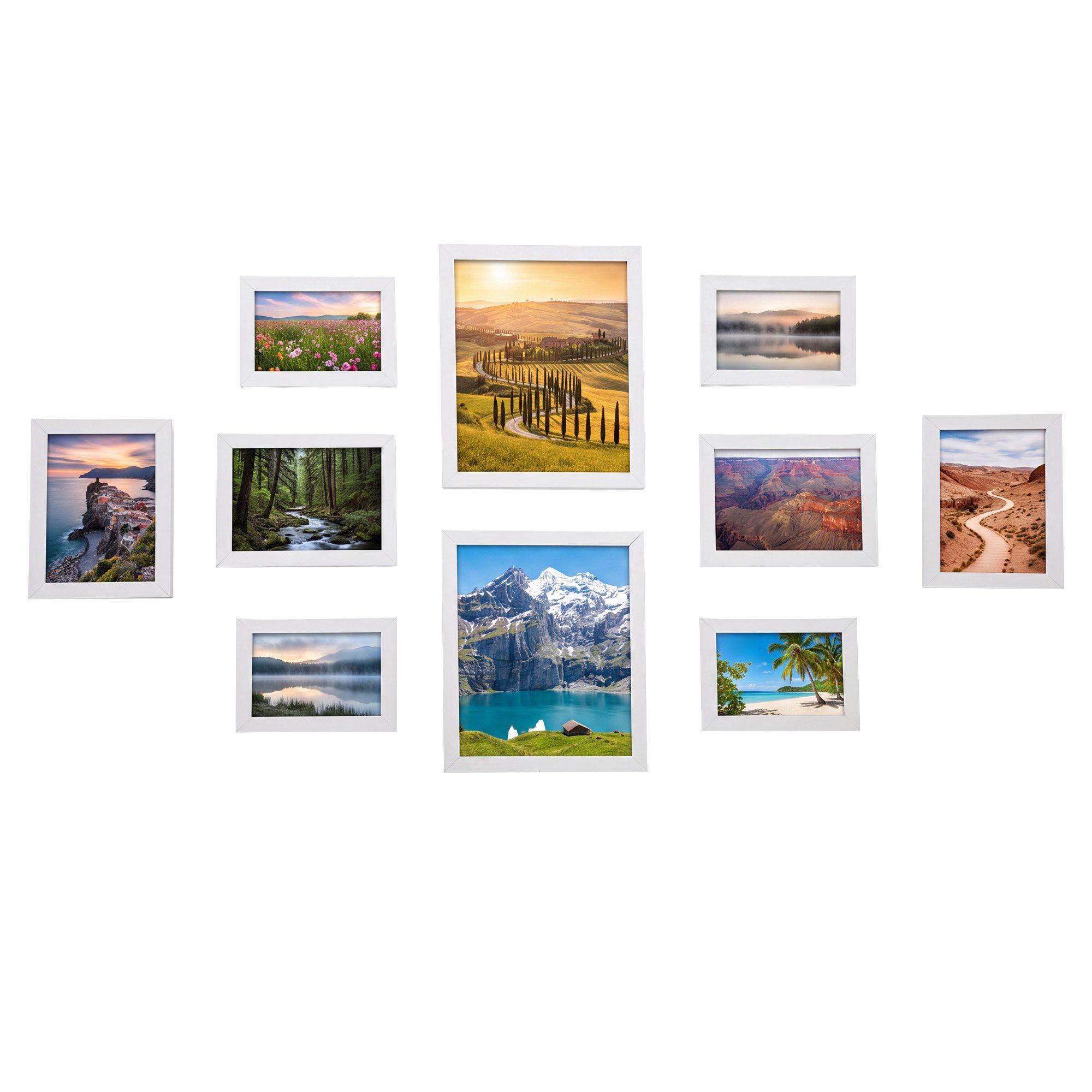 SONGMICS Bilderrahmen-Set Fotorahmen, 10er Set, Kunststoffscheibe, MDF, für 2 in 20 x 25 cm, 4 in 13 x 18 cm, 4 in 10 x 15 cm