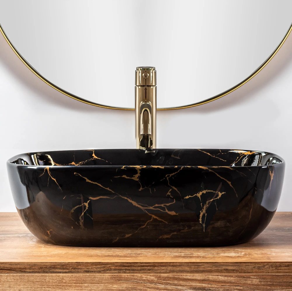 wohnwerk.idee Aufsatzwaschbecken Waschbecken Marmor Schwarz 46,5x33,5cm Belinda Marble Black Matt – Bild 4 von 5