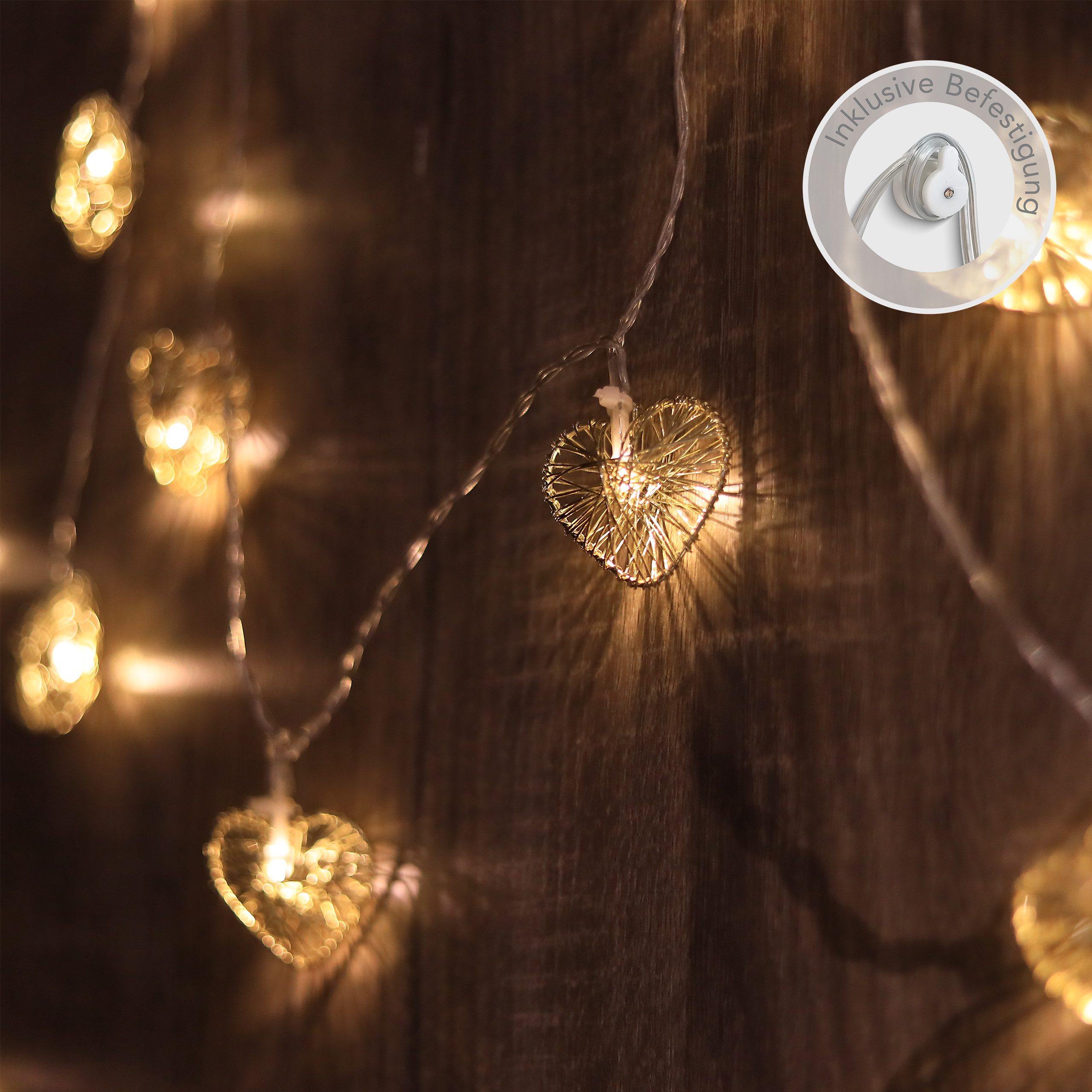 COZY HOME LED-Lichterkette Herz Lichterkette Batterie und Stecker -, 20 LEDs I 5 Meter I Timer-Funktion I Warmweiß I Lichterkette Innen