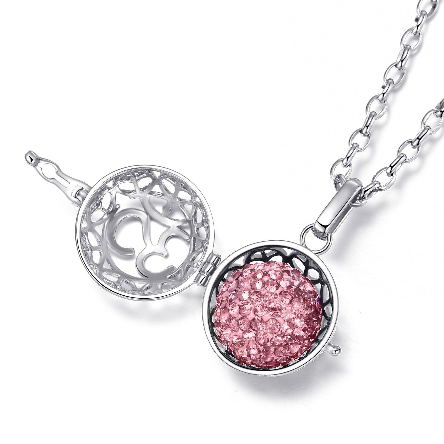 Morella Kette mit Anhänger Engel Halskette 70 cm mit Anhänger (2-tlg., Kette inkl. Klangkugel und Samtbeutel), Silberne Kette, Om Symbol, austauschbare Klangkugel, im Samtbeutel