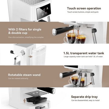 Daskoo Filterkaffeemaschine Espressomaschine Kaffeemaschine mit Milchschäumer 1.5L, 15 Bar Siebträgermaschine, Duale Temperaturkontrolle