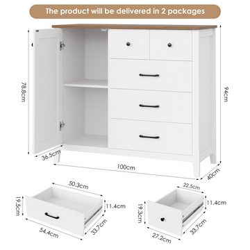 HOMECHO Buffet Sideboard, Küchenschrank mit 5 Schubladen und 1 Tür