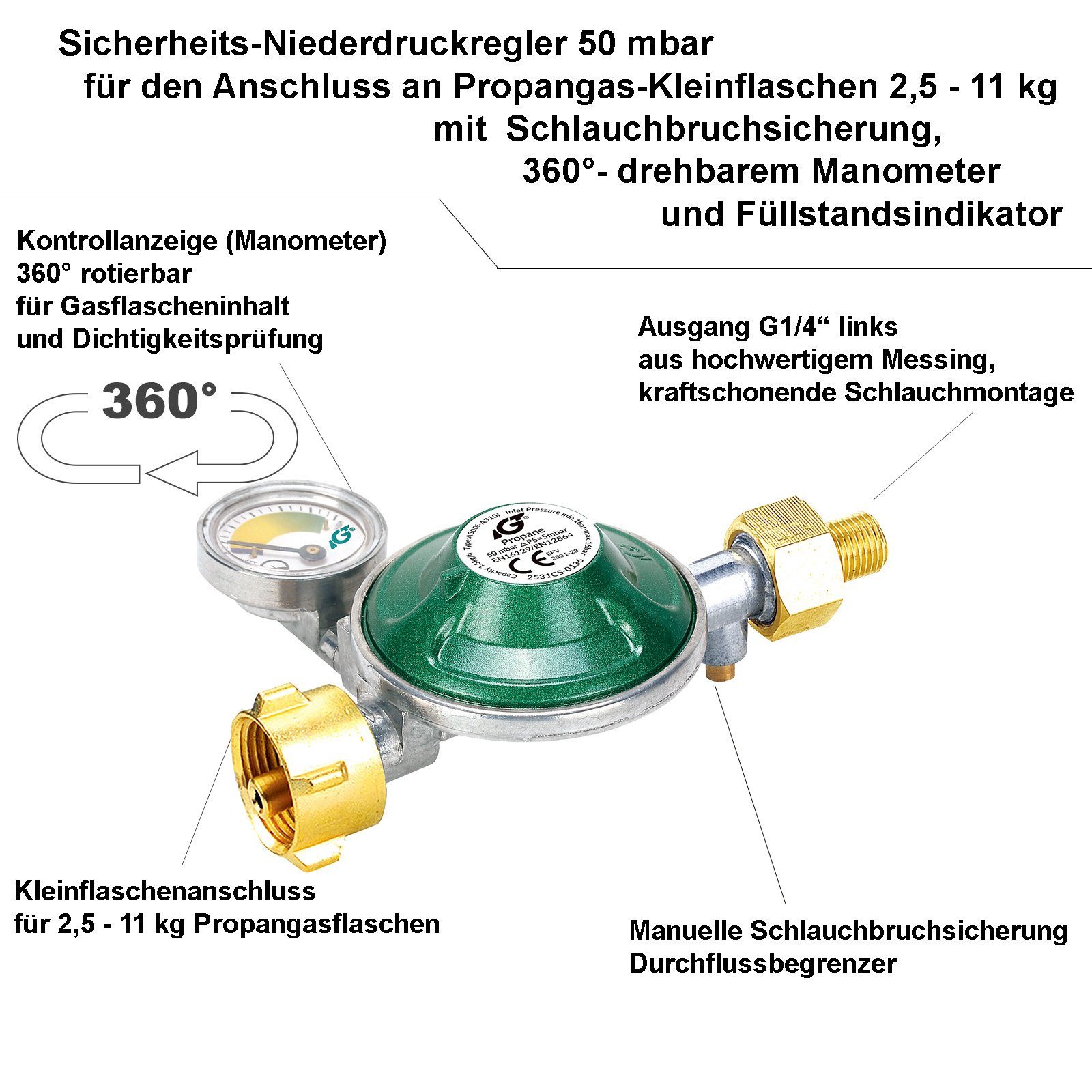 HPV Heizstrahler Campingheizung Druckminderer 1,7 Zeltheizung Gas für Gasschlauch, Manometer, mit Propan-Gasflasche mit kW, Gasheizung