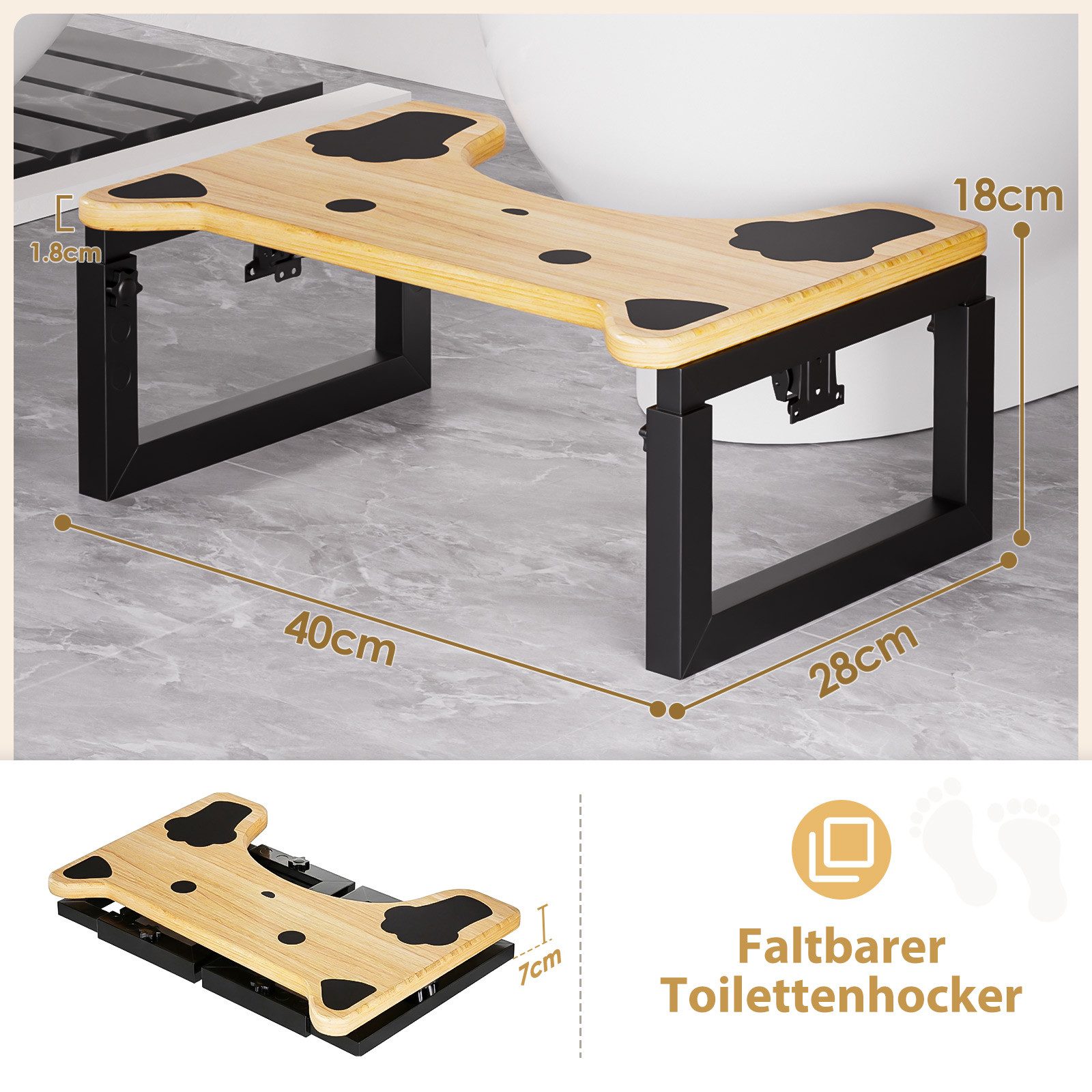 Yorbay Badhocker Toilettenhocker aus Massivholz, 3-fach verstellbar, klappbar, bis 226 kg – für Kinder & Erwachsene