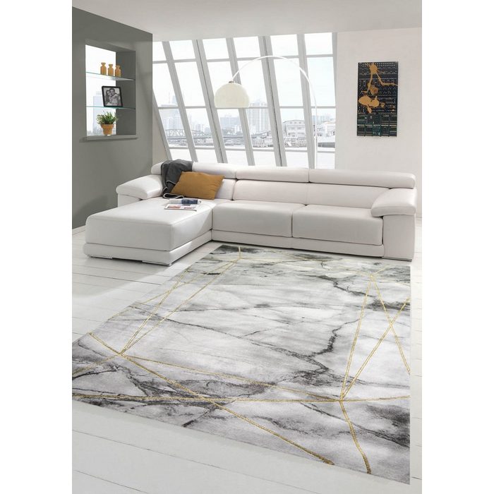 Teppich Teppich Wohnzimmer Designerteppich Marmor Optik mit Glanzfasern in grau gold Teppich-Traum rechteckig Höhe: 12 mm