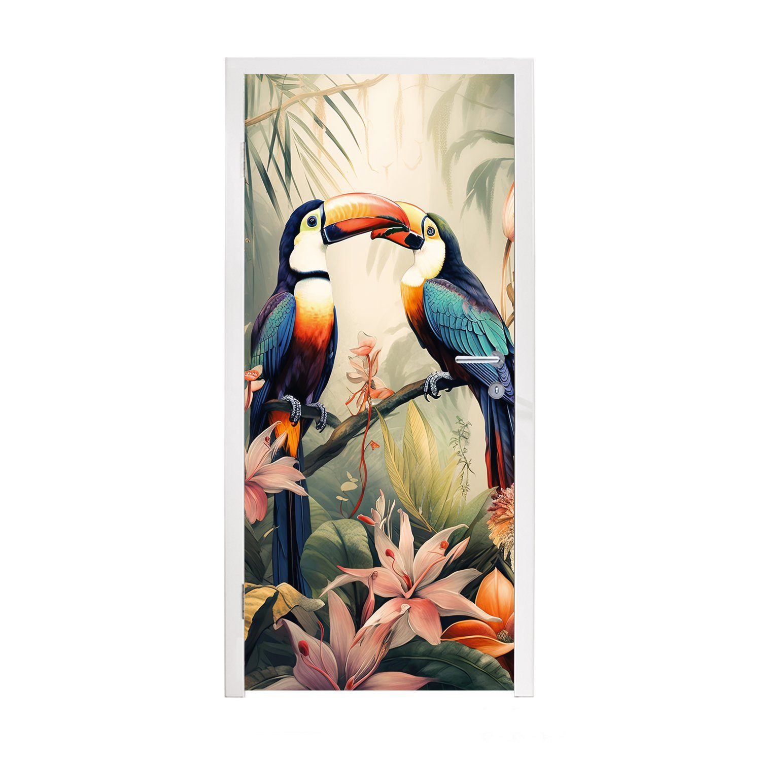 MuchoWow Türtapete Tukan - Vögel - Blumen - Natur - Dschungel, Matt, bedruckt, (1 St), Fototapete für Tür, Türaufkleber, 75x205 cm