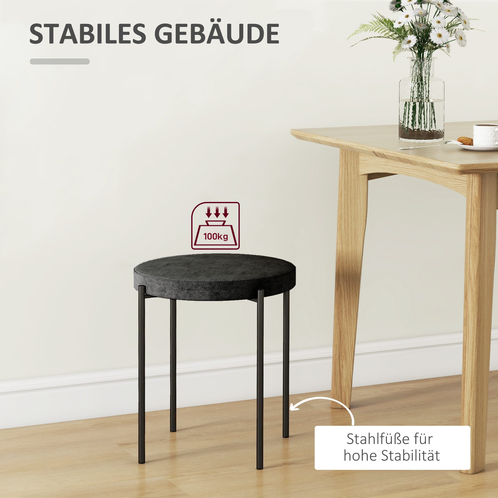 HOMCOM Esszimmerstuhl Stapelhocker Polsterhocker aus Metall Wohnzimmer (Rundhocker, 4 St), für Küche Esszimmer Samt Schwarz 41,5 x 41,5 x 46 cm – Bild 4 von 5