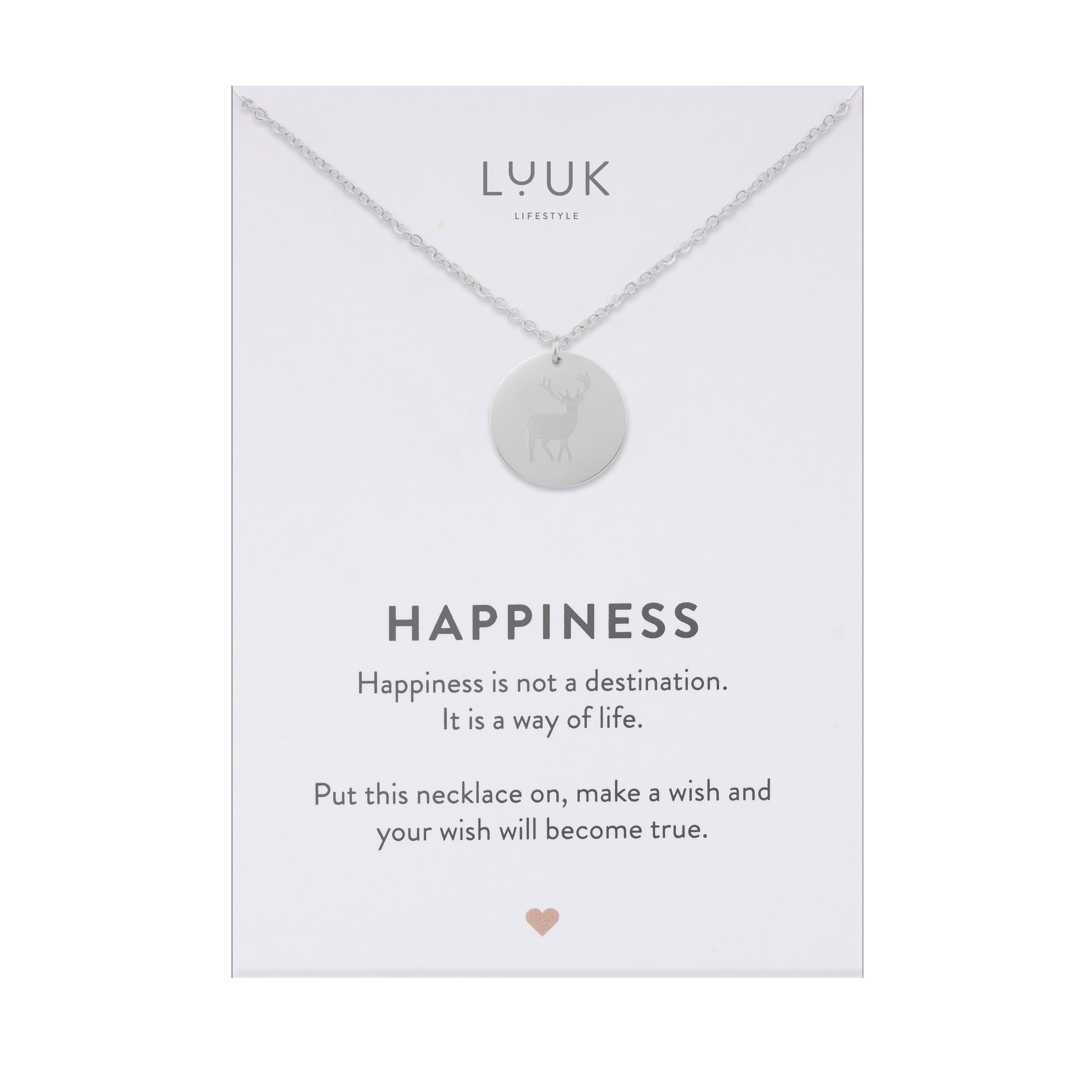 LUUK LIFESTYLE Kette mit Anhänger Reh Münze, mit HAPPINESS Spruchkarte, wasserfest und langlebig