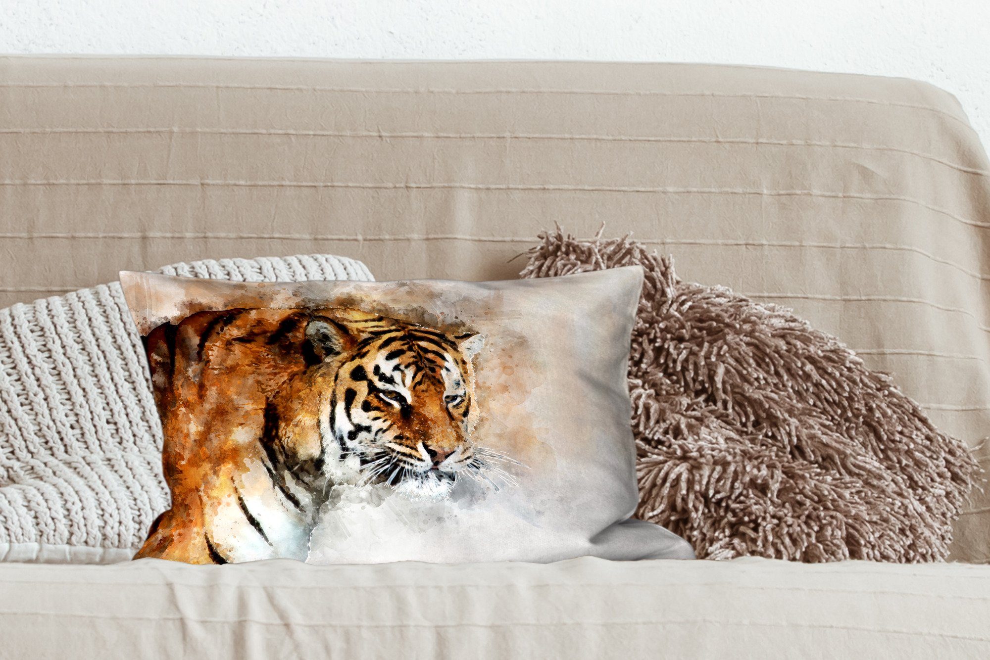 Schlafzimmer Gemälde, - Dekoration, mit Augen MuchoWow - Dekokissen Wohzimmer Füllung, Zierkissen, Dekokissen Tiger