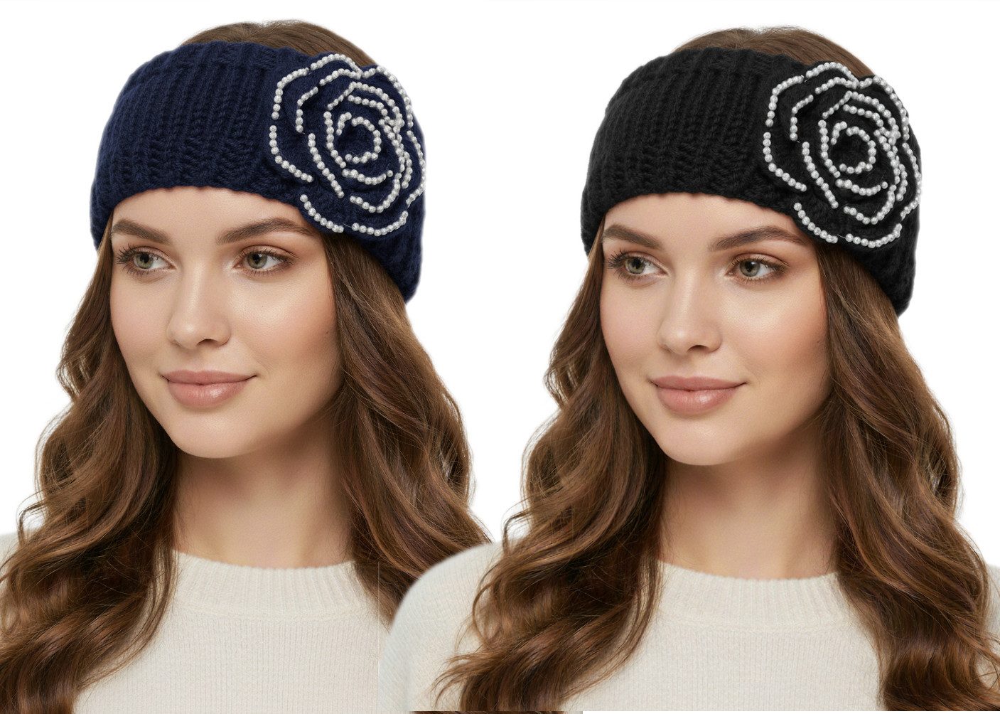 dy_mode Stirnband Strick Stirnband Damen Winter Haarband Ohrenschützer - 2er Set (2er Set) gehäkelter Blume und Kunstperlen-Verzierungen