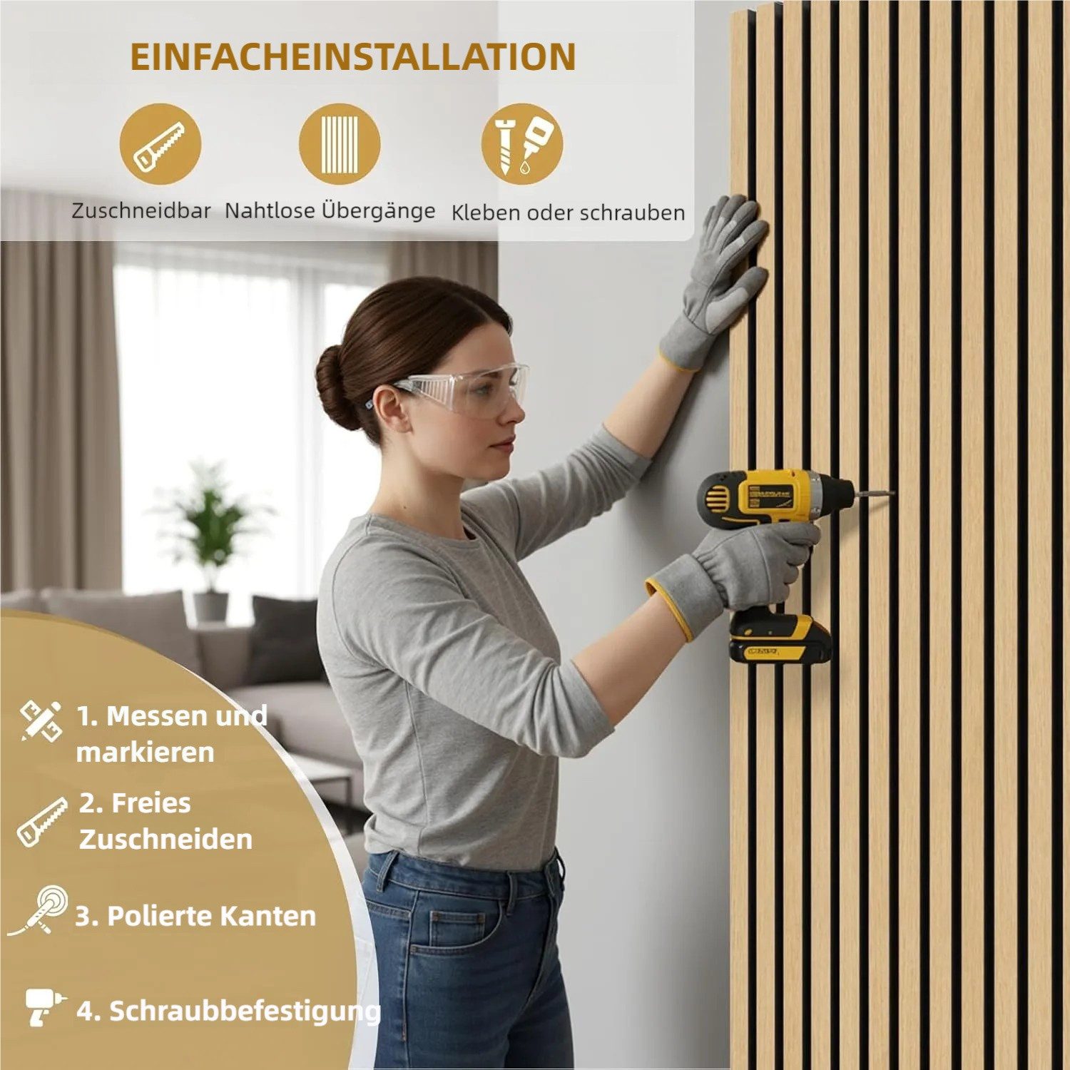 TLGREEN Wandpaneel 3D Akustikpaneele Holz MDF Schalldämpfung, BxL: 60x120 cm, 2,88 qm, (4 Stück Wandpaneele Holzoptik, Wandverkleidung Wandpaneele für effektive – Bild 5 von 5