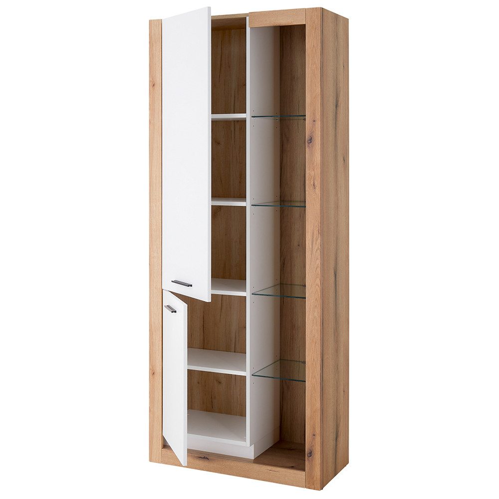 Lomadox Vitrine BELLAGIO-61 Wohnzimmerschrank in weiß mit Eiche 80 cm breit mit Glaseinlegeböden