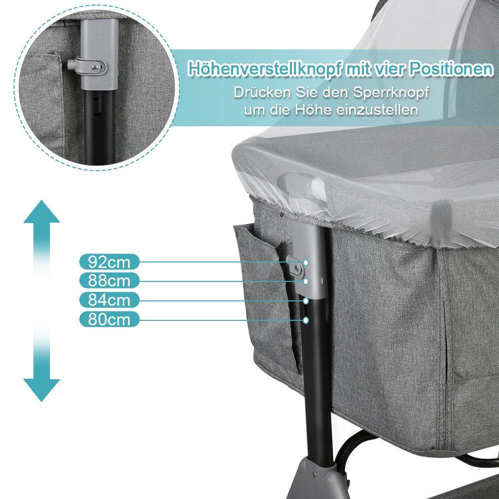 JEOBEST Beistellbett Baby, Grab-and-go Baby Bett mit Matratze & Rädern für Neugeborene, Tragbare Babybett mit 4 verstellbaren Höhen & Matratze