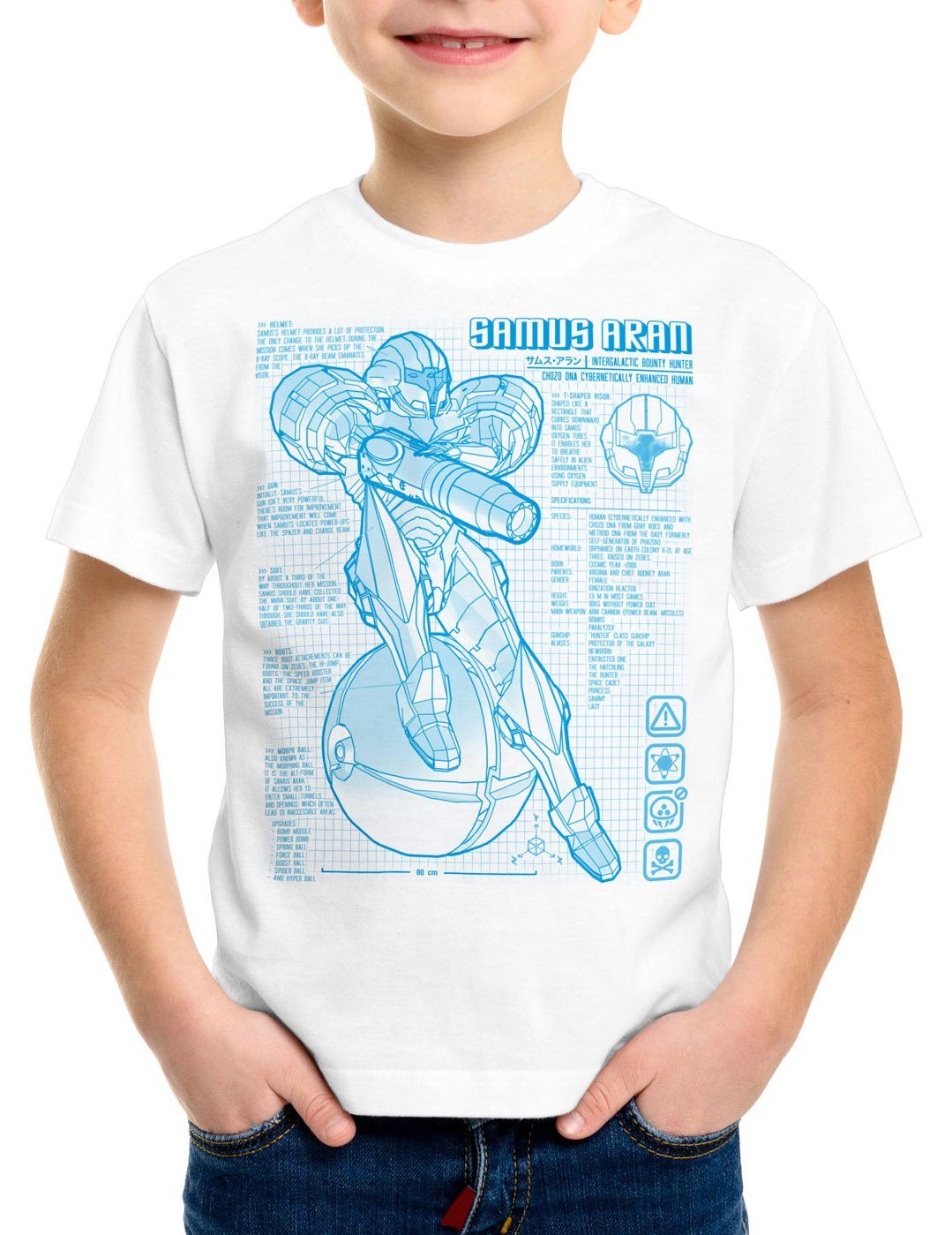 style3 Print-Shirt Kinder T-Shirt Samus Blaupause metroid nerd gamer nes snes switch weiß