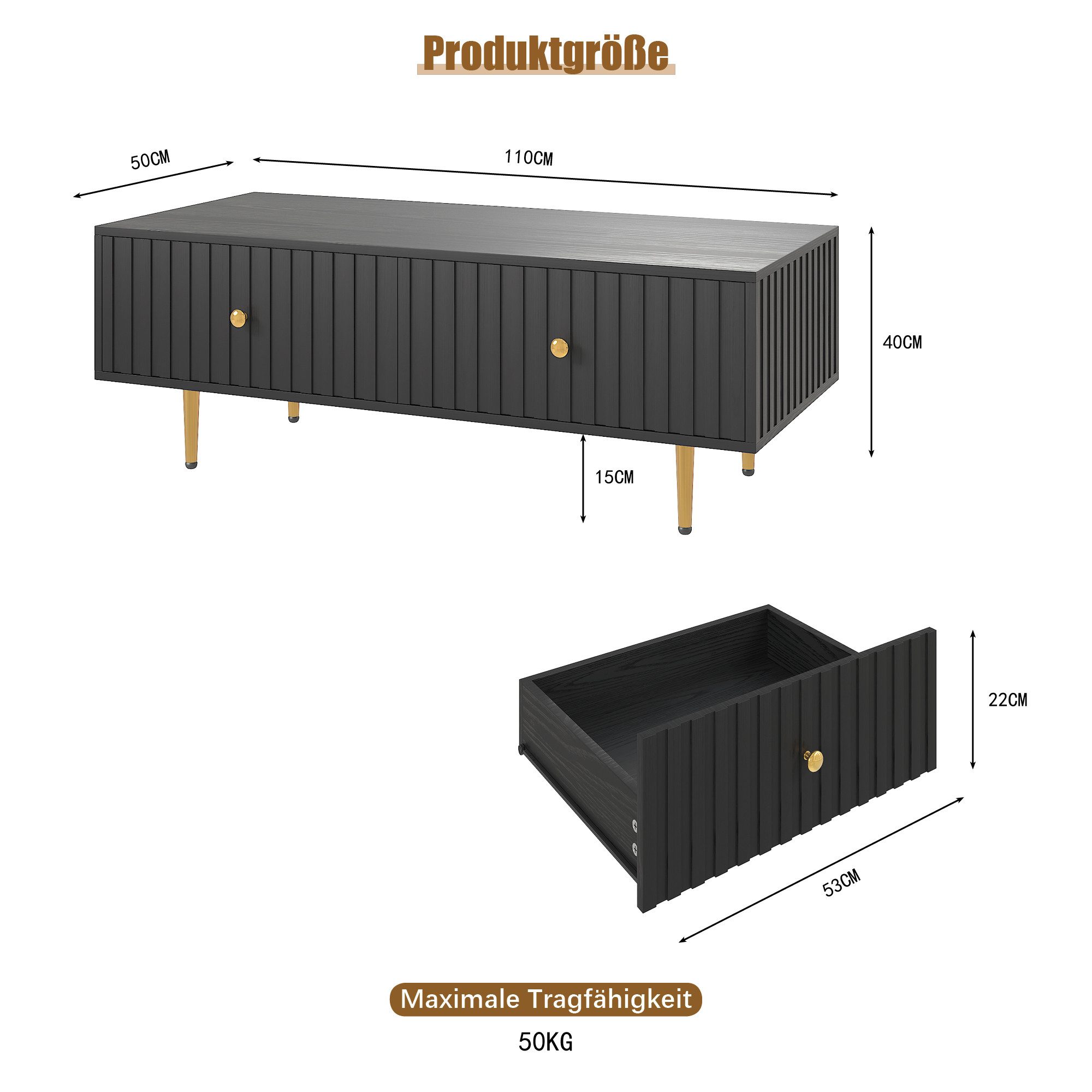 radelldar Couchtisch mit 2 Schubladen und Metallfüßen, 110 x 50 x 40cm (1-St), Wohnzimmertisch, Kaffeetisch, Sofatisch