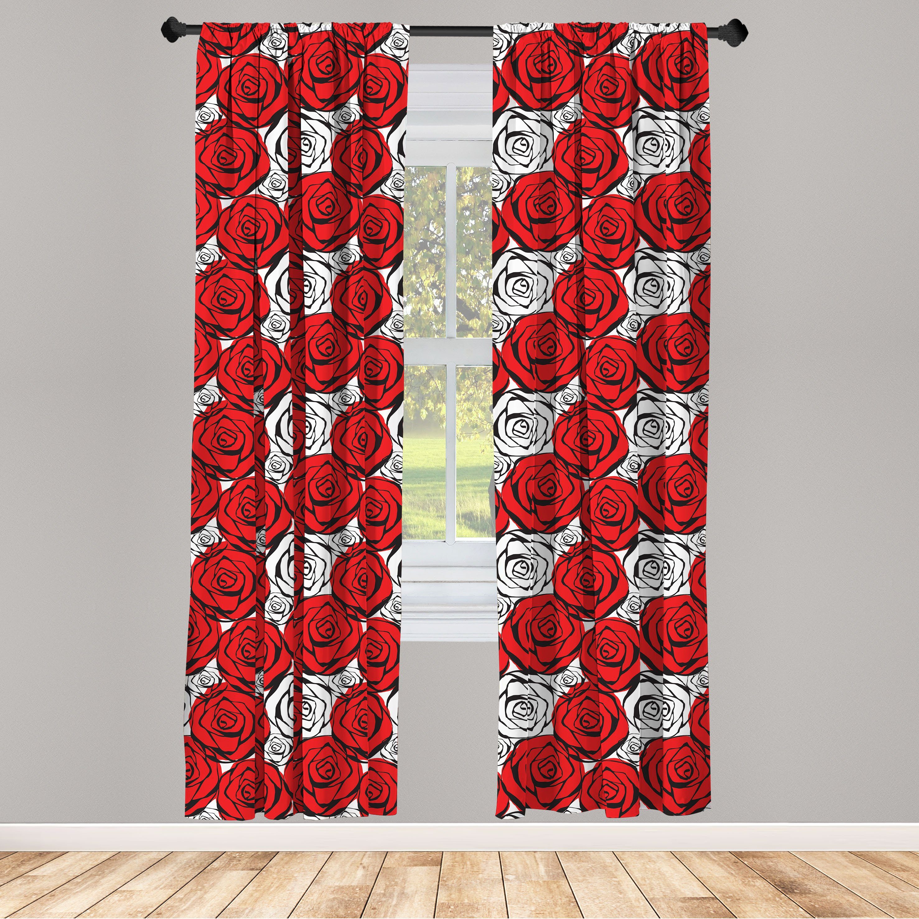 Gardine Vorhang für Wohnzimmer Schlafzimmer Konturen und Dekor, Roses Abakuhaus, Schwarz Rot Microfaser