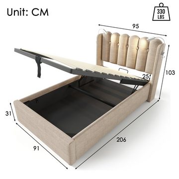 BlingBin Einzelbett Polsterbett (1-tlg., Ladefunktion und Bettkasten, mit Leselicht 90 ×200CM), 2 USB-Ladeanschlüsse, mit lattenrost, Ohne Matratze, Leinen