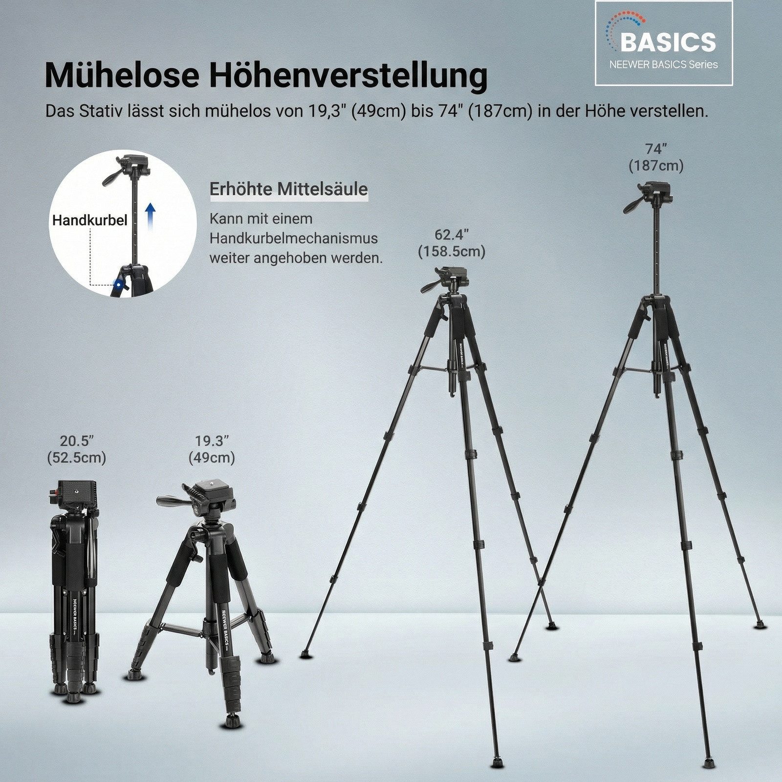 Neewer TP56 Basics Kamera Stativ, 188cm Tripod mit Handyhalterung Dreibeinstativ (leichtes, tragbares Reisestativ aus Aluminium mit 3 Wege Neigekopf)