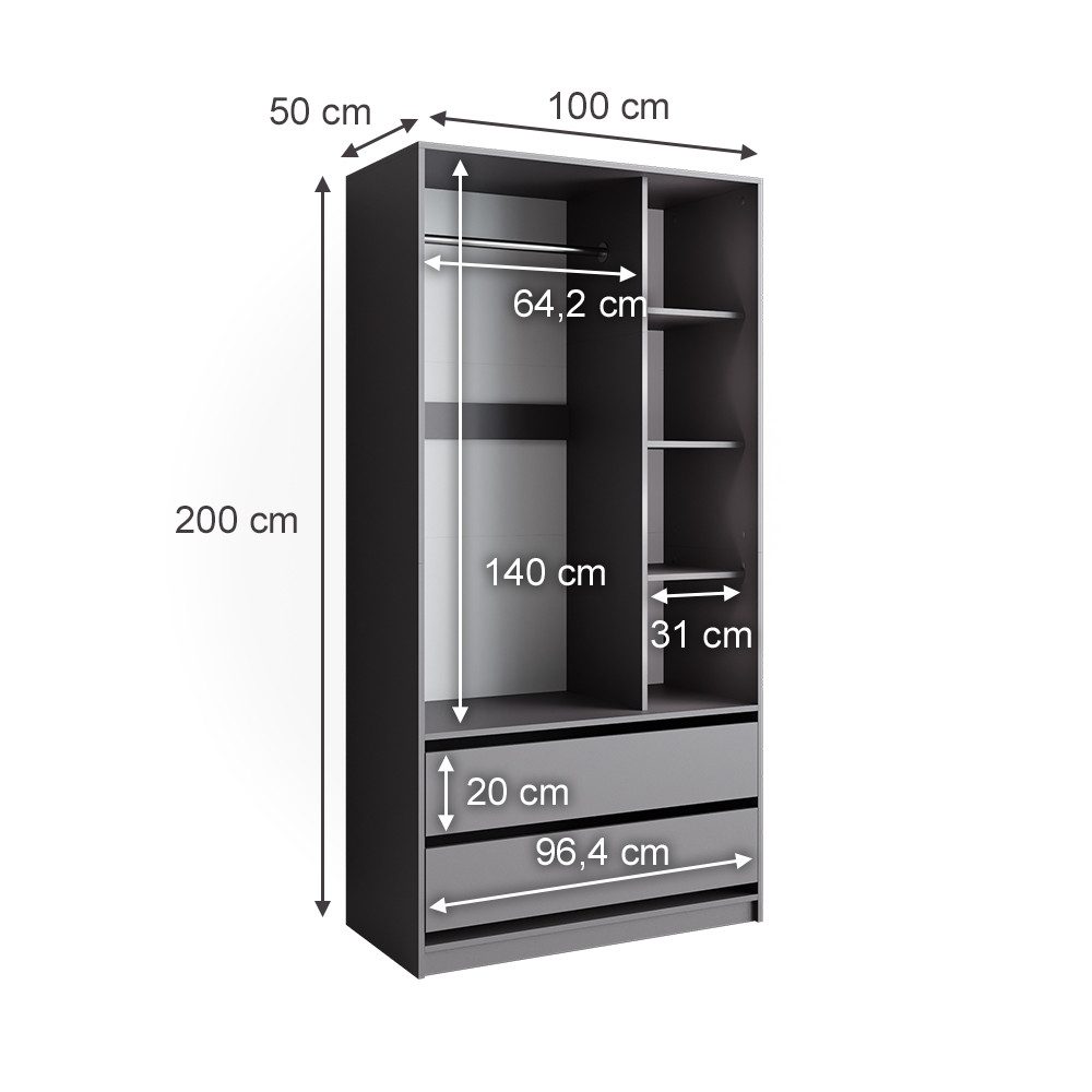 Vicco Kleiderschrank Elmo, Anthrazit, 100 x 200 cm mit 2 Schubladen (1-St)