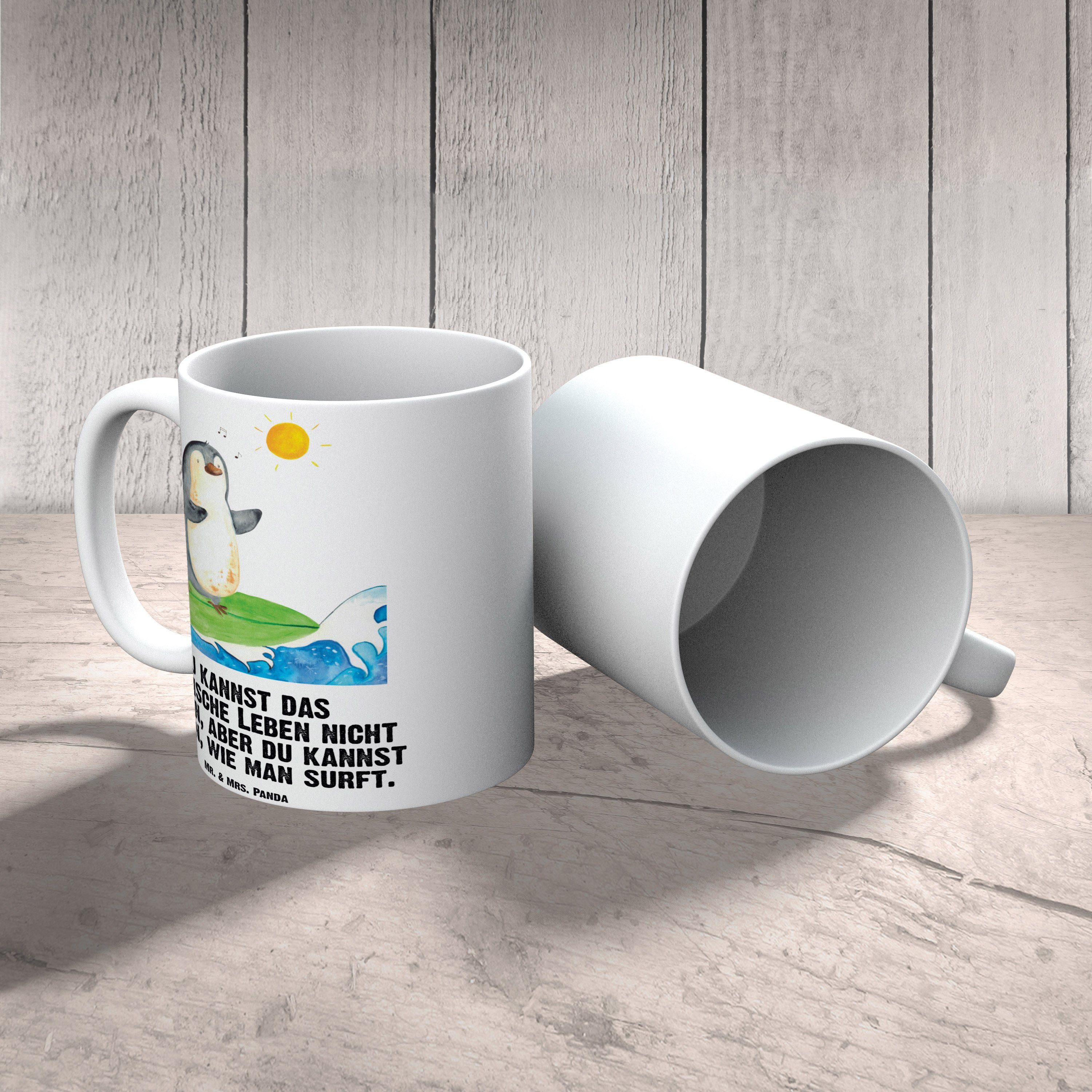 Mr. & Mrs. Panda Tasse Pinguin Surfer - Weiß - Geschenk, Wellen, XL Becher, Wellen reiten, J, XL Tasse Keramik