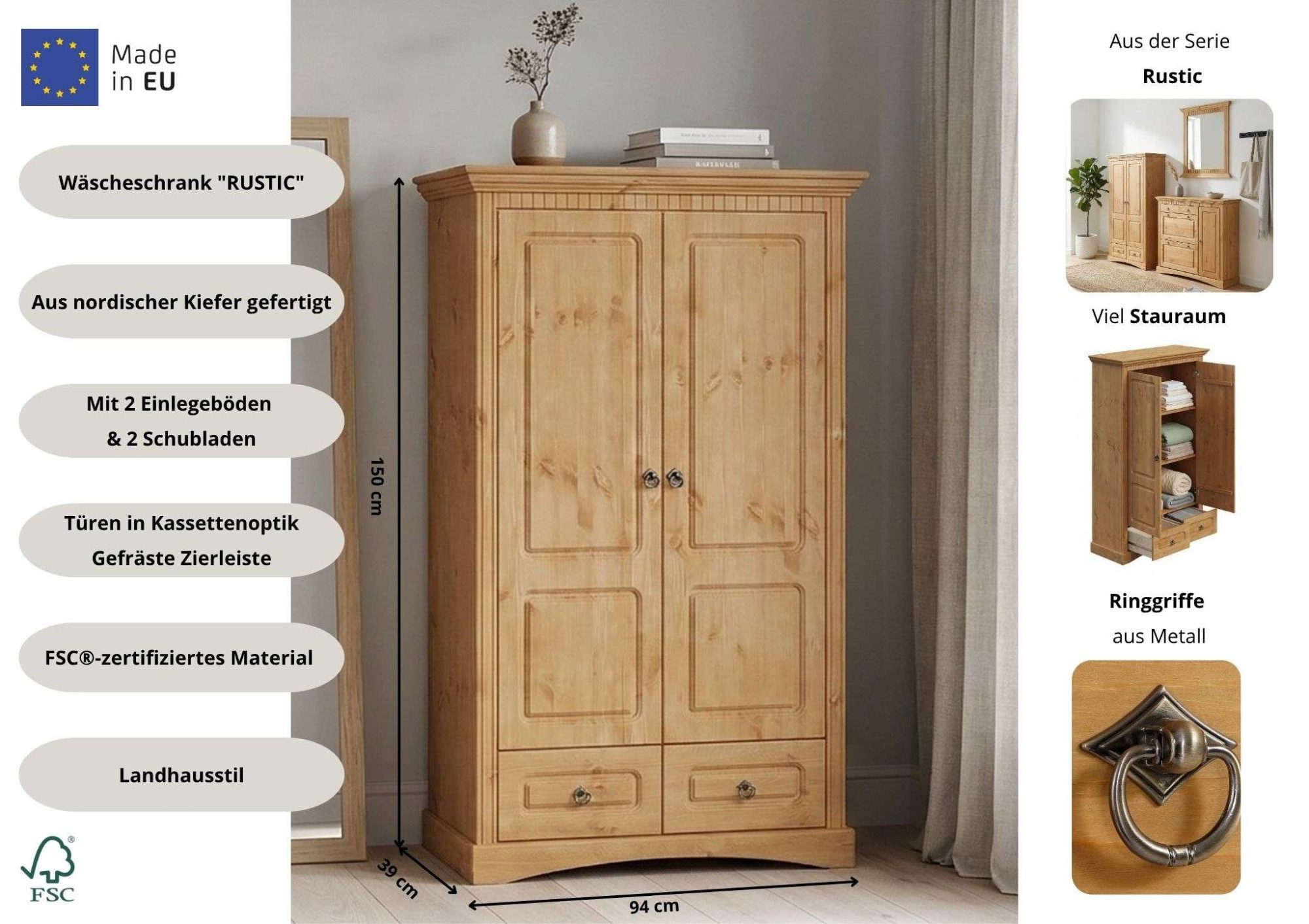 OTTO home Wäscheschrank Rustic (B/T/H: 94/39/150 cm) aus massiver Kiefer, FSC®, schöne Kassettenoptik, mit Ringgriffen