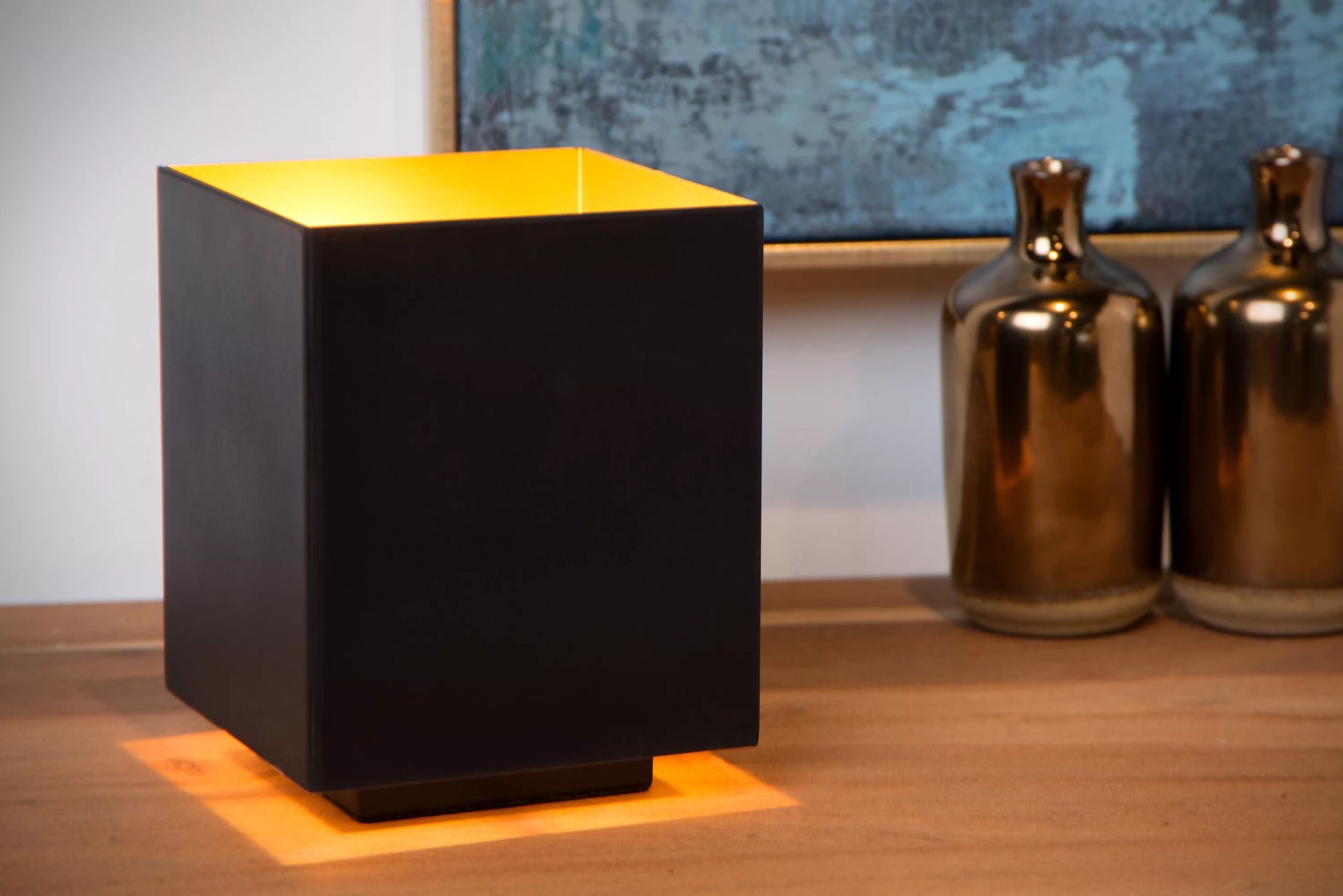 Licht-Erlebnisse Nachttischlampe GRANU, ohne Leuchtmittel, Metall E14 16 cm in Schwarz Gold eckig