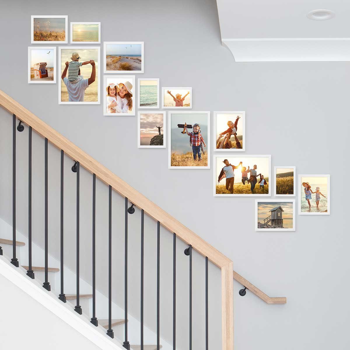 bis cm Echtholz-Rahmen, Weiss Bilderrahmen PHOTOLINI 21x30 10x15 Acrylglas 15er Treppenhaus Set