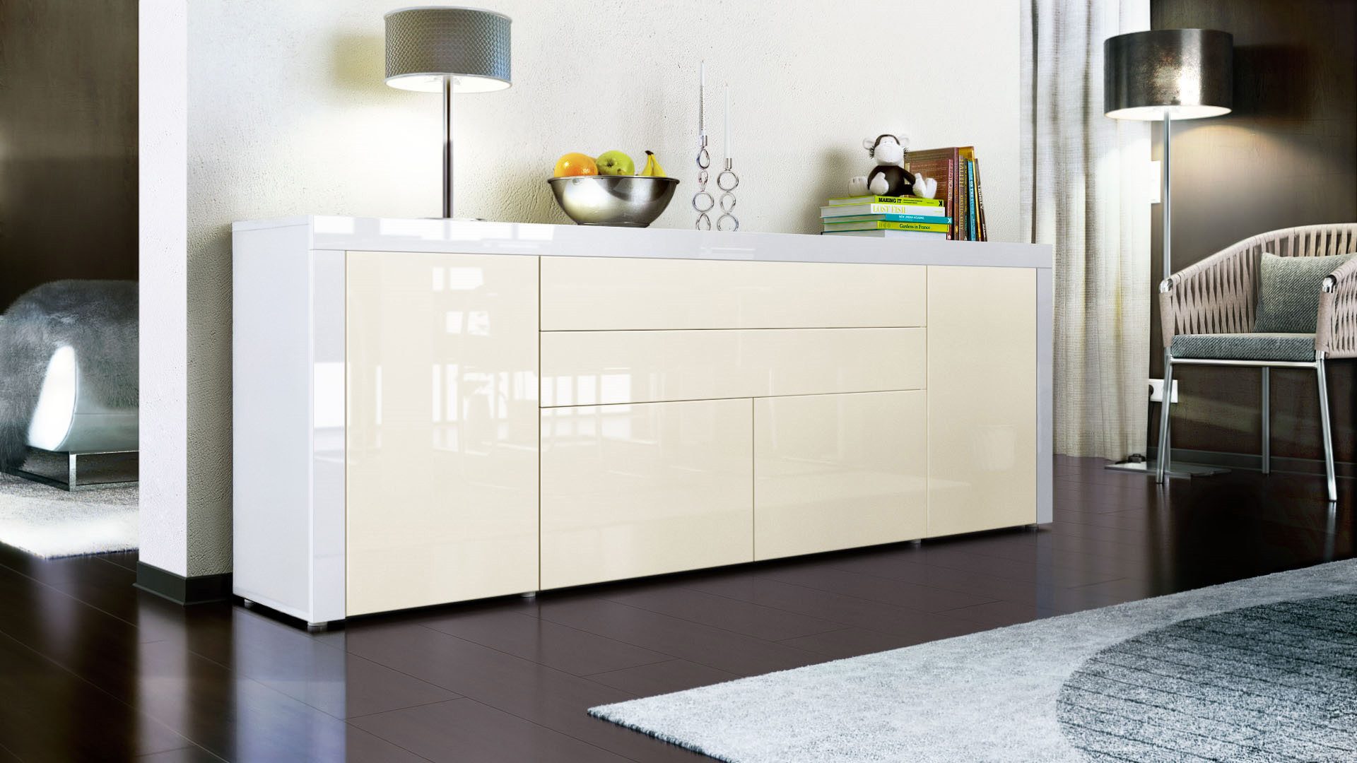 Vladon Sideboard La Paz V2 (Kommode mit 2 Türen, 2 Schubkästen und 2 Klappen, Korpus Weiß matt), Front Creme Hochglanz & Weiß Hochglanz (200 x 72 x 35 cm)
