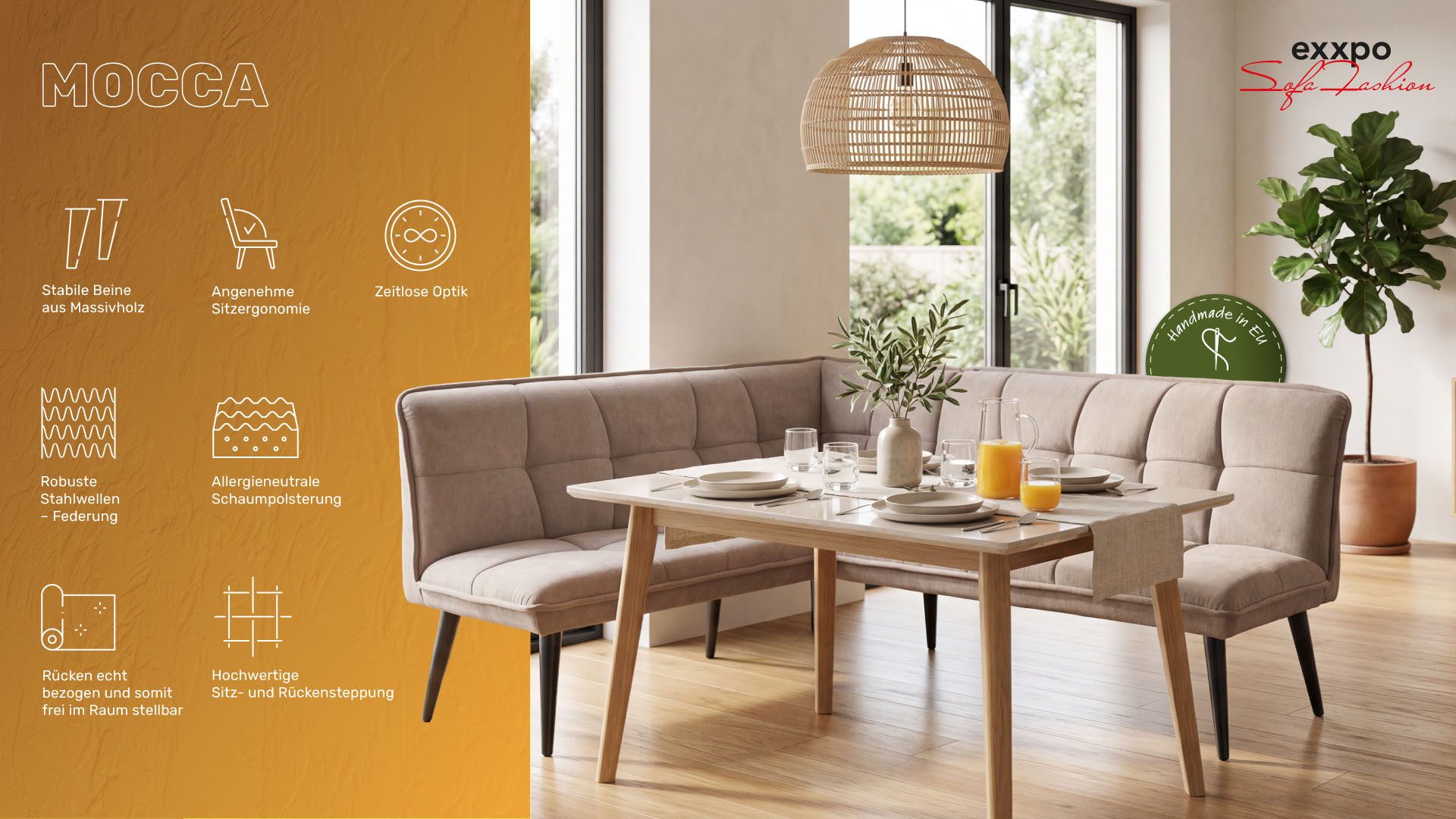 exxpo - sofa fashion Eckbank Mocca Essbank, Sitzbank, hoher Sitzkomfort, bequem und elegant, hochwertige Detailverarbeitung