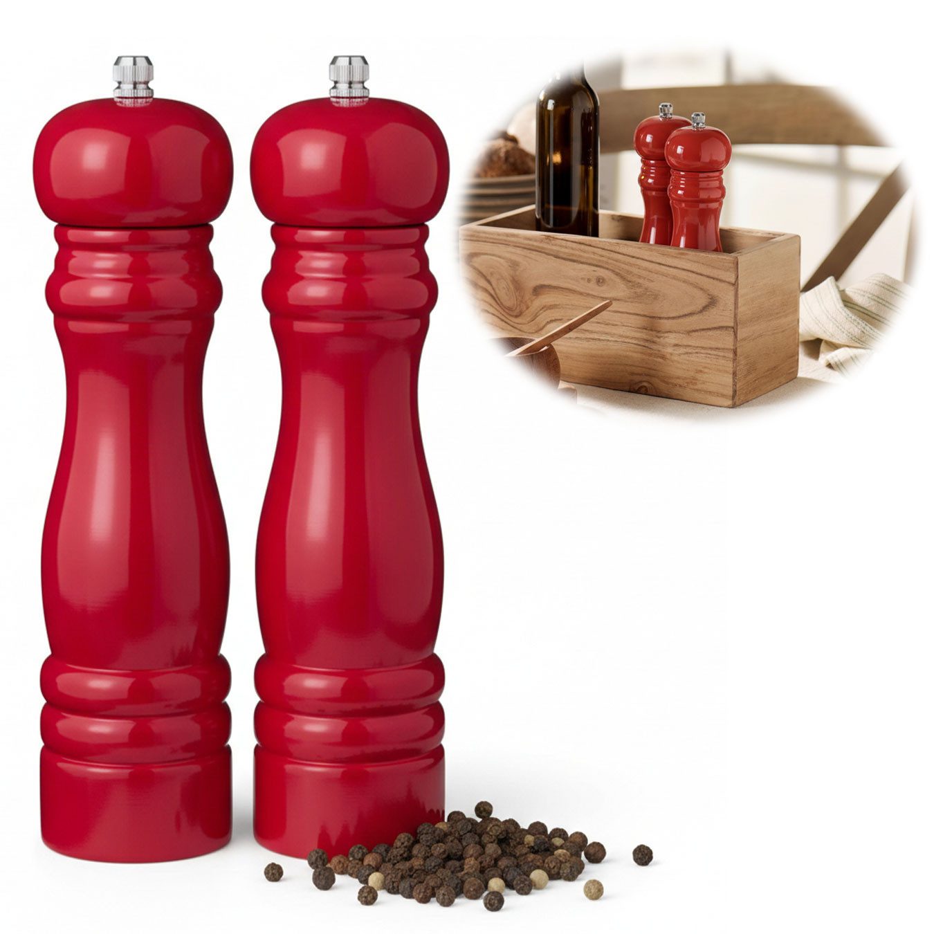 LS-LebenStil Salz-/Pfeffermühle iB Laursen Holz Salzmühle & Pfeffermühle Set Rot 21x5cm Keramikmahlwer manuell, (2 Stück), Gewürzmühle grobes Salz schwarze Pfefferkörner Chili Muskatnuss