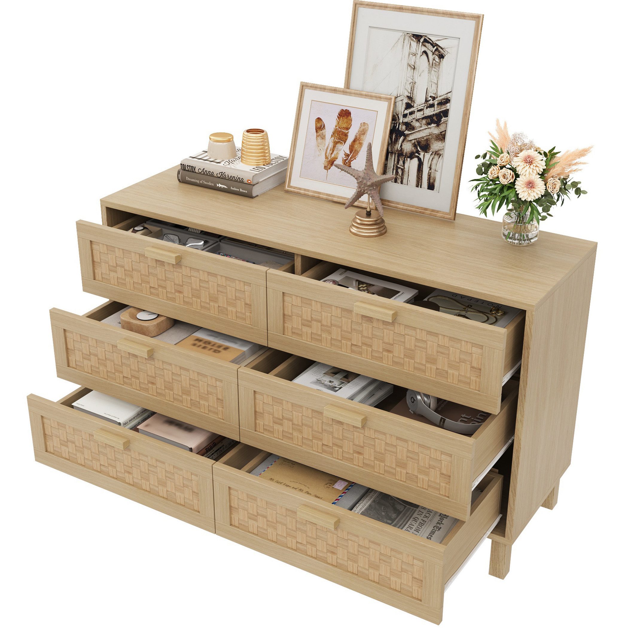 SeedWave Kommode Landhausstil Sideboard mit 6 verzierten Rattan-Geflechtenen Schubladen, Beistellschrank mit Kippschutz-Set