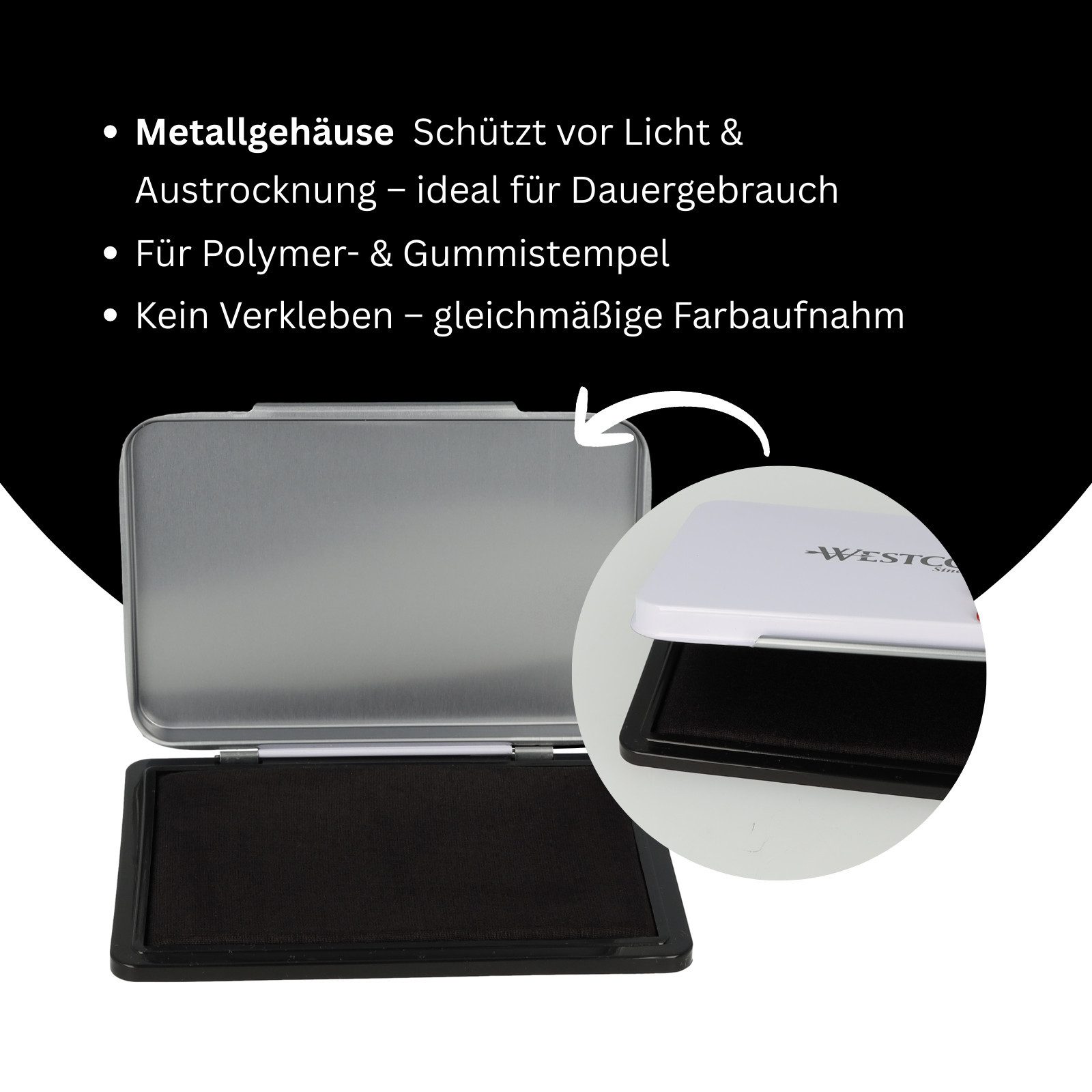 WESTCOTT No. 2 Schwarz (4er-Set), 7 x 11 cm Stempelkissen in Metallgehäuse Stempelkissen (Vorteilspack, 4-tlg., Vorgetränkt und nachfüllbar)