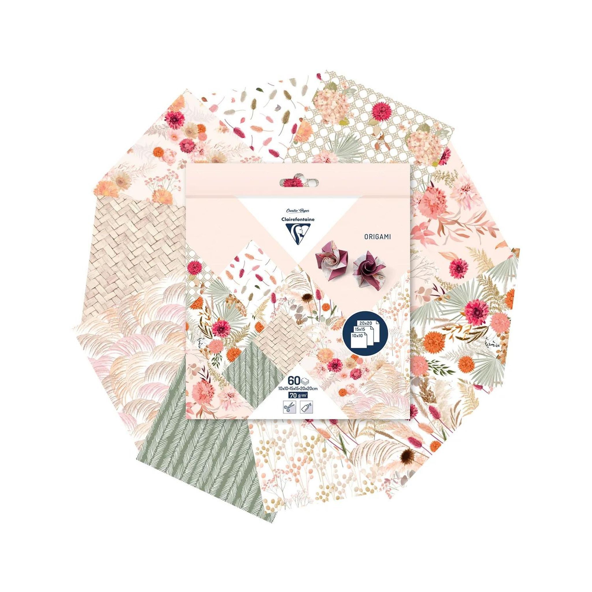 CLAIREFONTAINE Bastelkartonpapier Clairefontaine ORIGAMI 60Bl 3Formate Trockenblumen