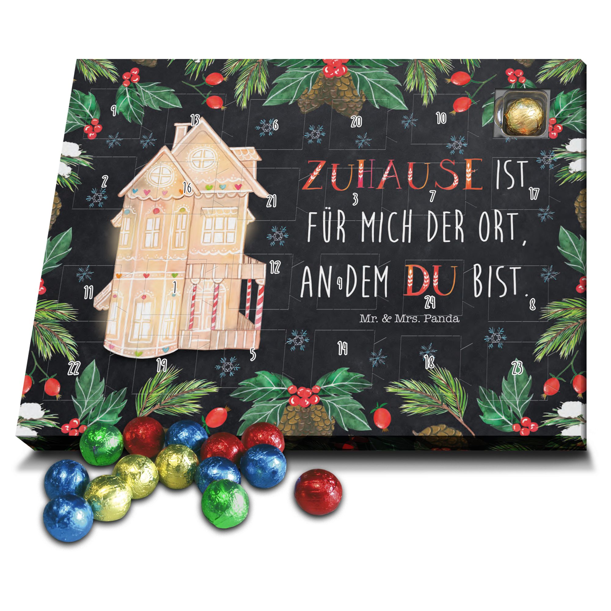 Mr. & Mrs. Panda Adventskalender Lebkuchenhaus - Weiß - Geschenk, Advent, Schokoladen Adventskalender, (1-tlg)