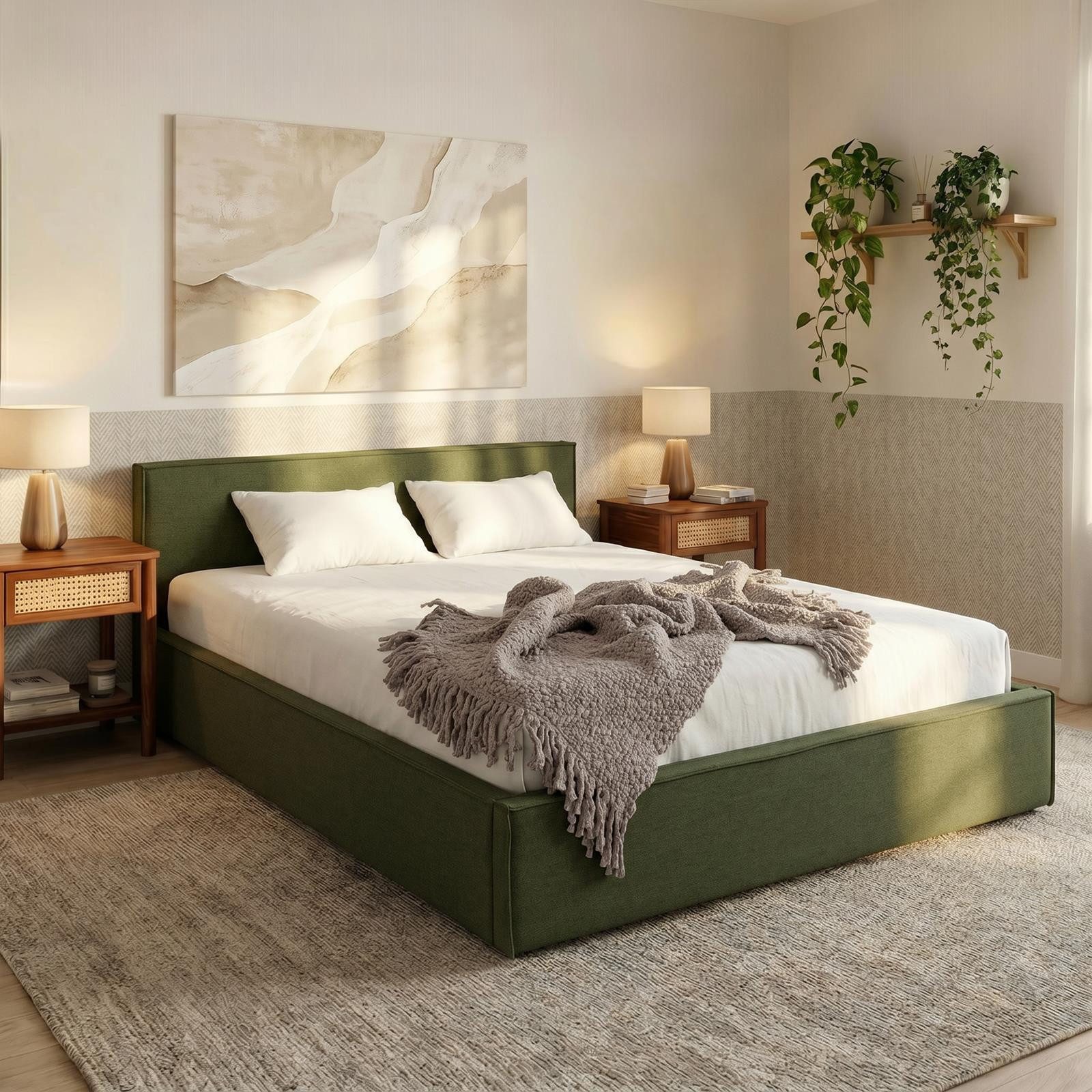 IDIMEX Polsterbett PESARO, Doppelbett 140x200 cm mit Lattenrost und Kopfteil Leinen Optik Grün