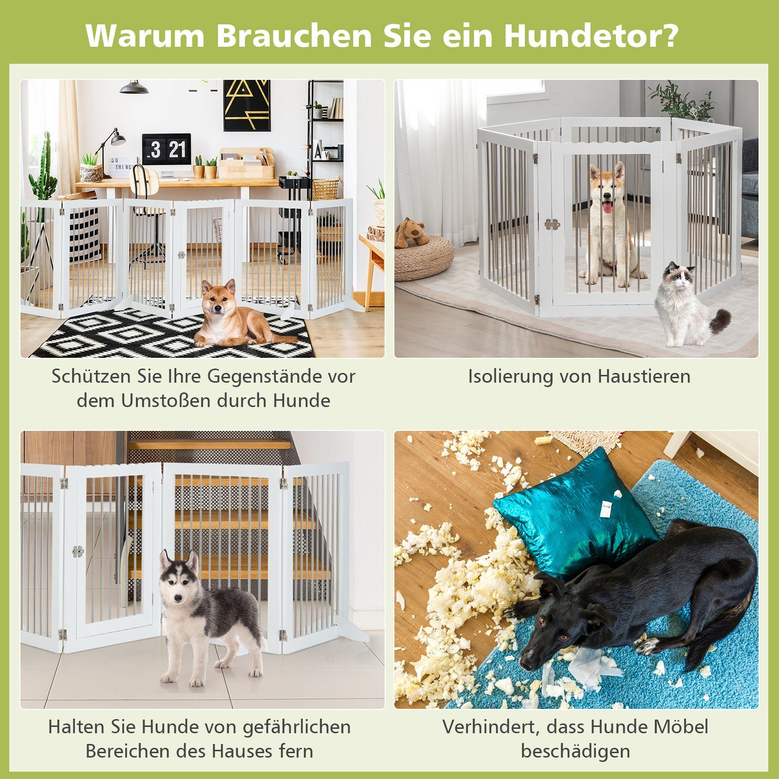 COSTWAY 6-teiliges Hundegitter 80 Cm Hoch – Freistehend, Klappbar, Mit Tür, Aus Holz & Edelstahl