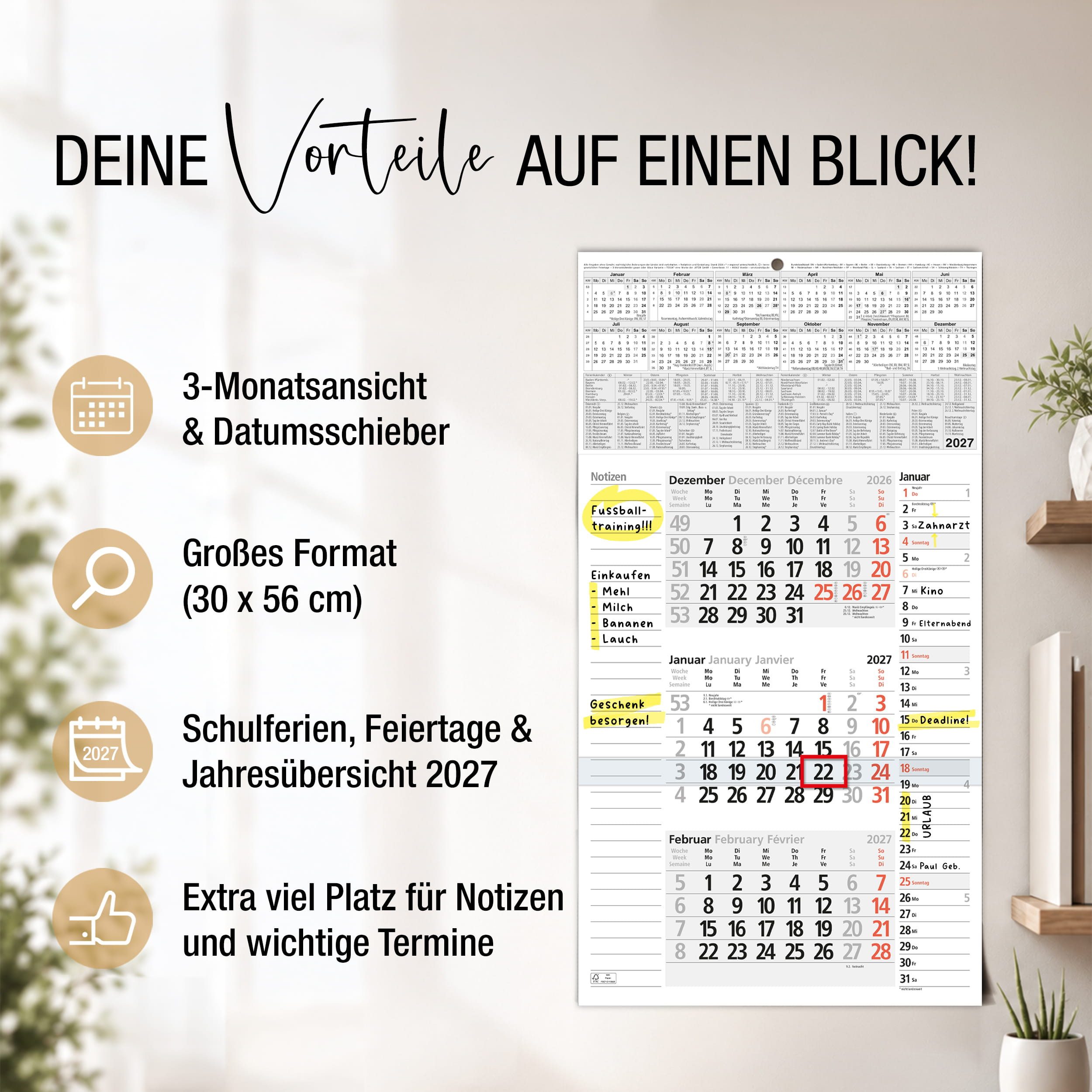 TOBJA Wandkalender 3 Monatskalender 2027 mit Notizfeld & Tagesliste 30x56 cm FSC, Notizfeld, Tagesliste, Datumsschieber, Schulferien DE+AT, FSC – Bild 2 von 5