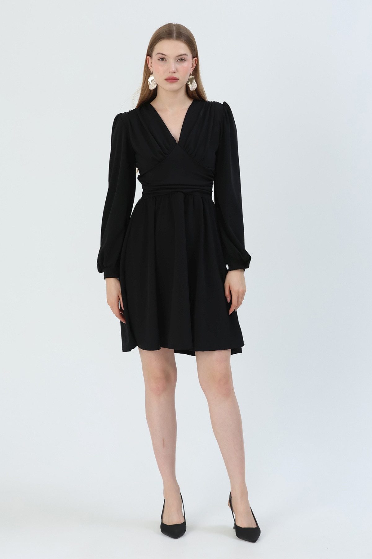 WOMAN VISION Minikleid V-Ausschnitt, langärmeliges ausgestelltes Kleid