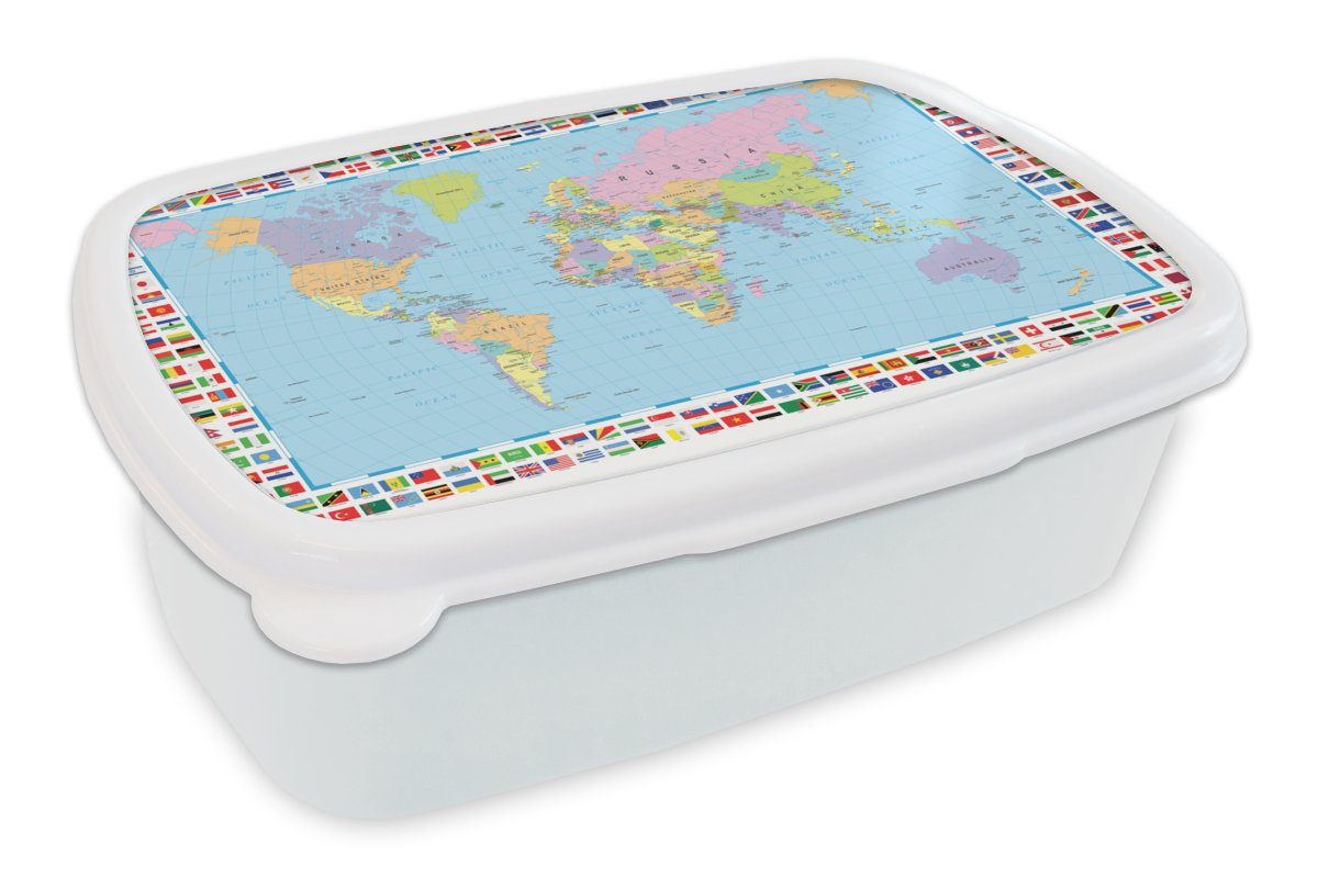 MuchoWow Lunchbox Welt - Karte Kinder Kunststoff, - Brotbox und Farben, und Mädchen weiß Erwachsene, für für (2-tlg), - Flagge Brotdose, Jungs