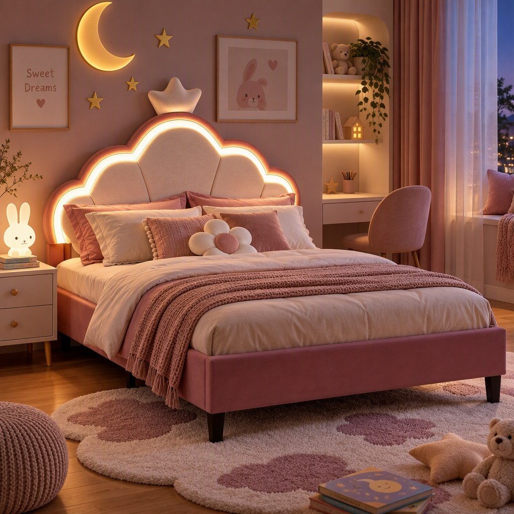 PXloue Polsterbett Kinderbett Jugendbett (Kopfteil hochstellbar), Doppelbett,kronenförmige-Kopfteil,mit LED und Lattenrost,90x200cm