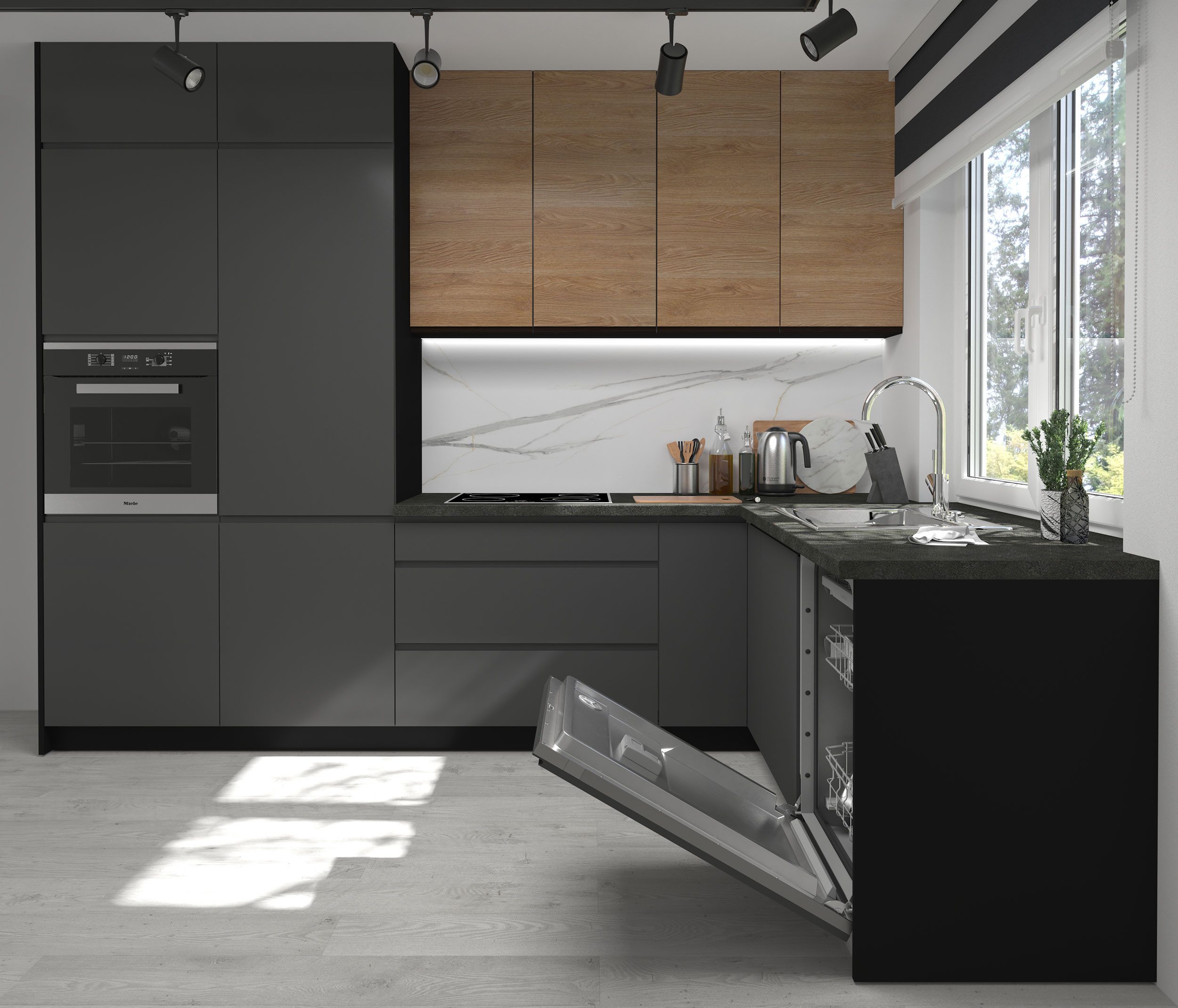 Feldmann-Wohnen Winkelküche Avellino, (L-Form, Soft-Close, Gasdruckdämpfer, Blum Teilauszug Schubladensystem), 300x230cm schwarz / graphit matt - Pembroke schwarz matt, 10-teilig