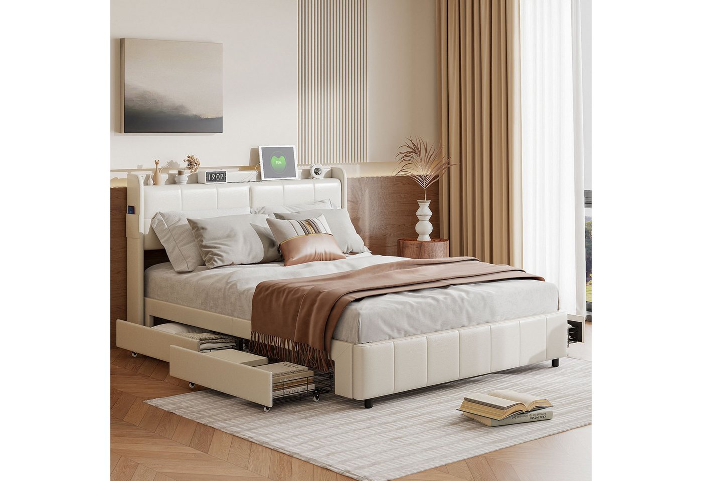 Gdood Polsterbett Doppelbett LED Stauraumbett (Mit Vier Schubladen, Nachttischlampe mit Touch-Funktion), Multifunktionsbett, USB + TYPE-C, PU, 140x200 cm