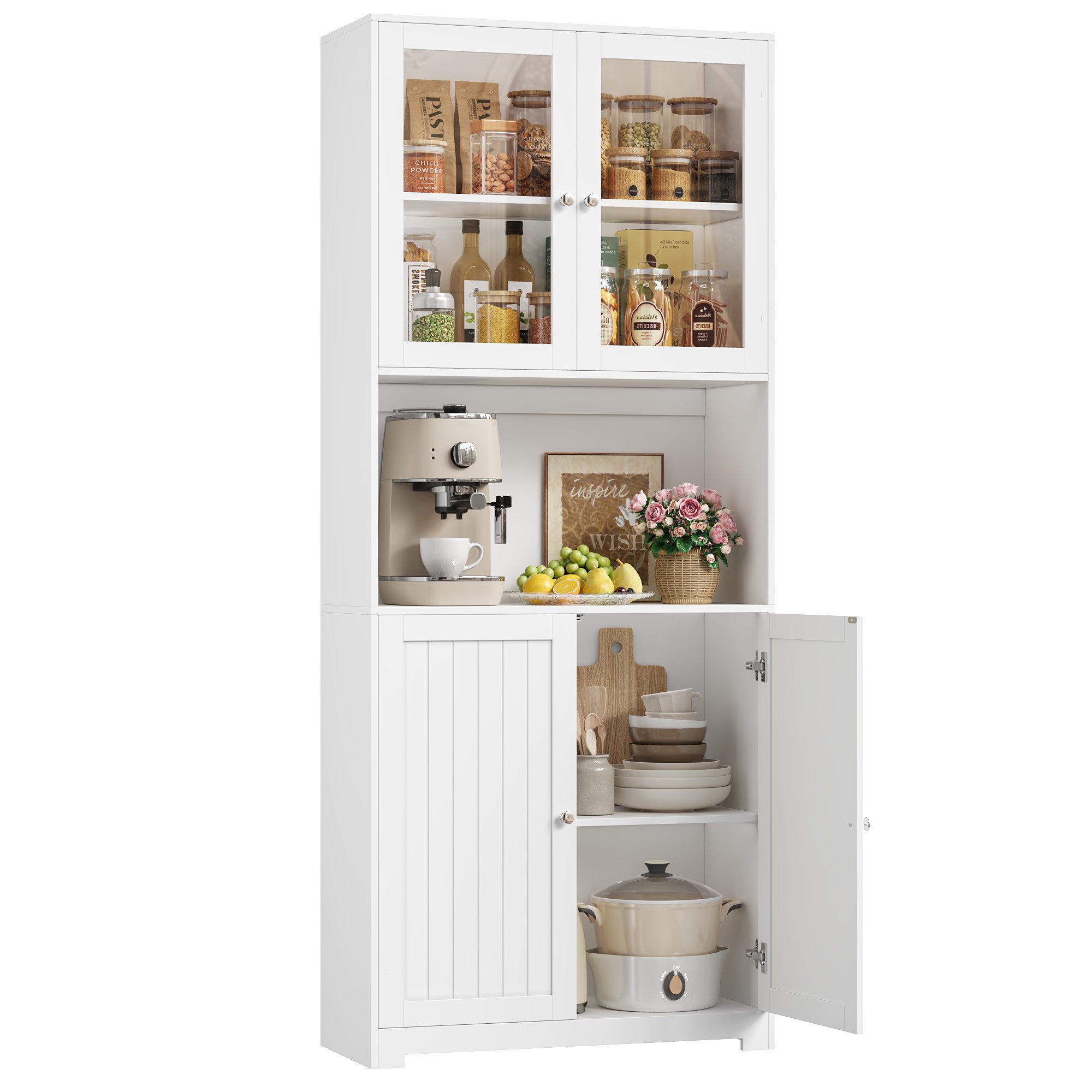 Homfa Vitrine Vitrinenschrank Buffetschrank Bücherregal mit Türen Küchenbuffet mit Arbeitsplatte, 80 x 32 x 198 cm