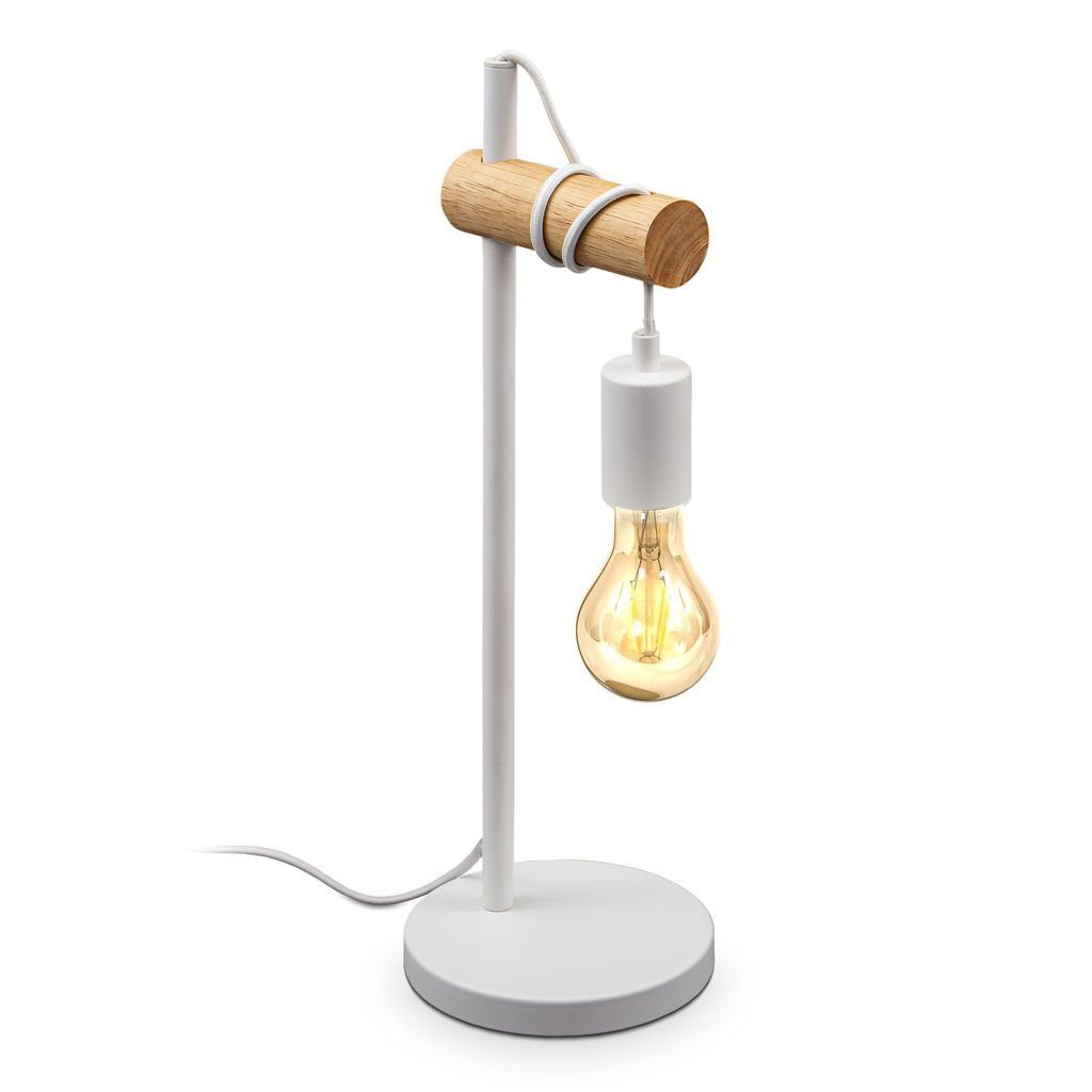 B.K.Licht Tischleuchte Leuchtmittel, Holz Rund - Vintage BKL1358, Leselampe Tischlampe ohne Industrial E27 Stahl Schreibtischlampe Nachttischlampe Weiß