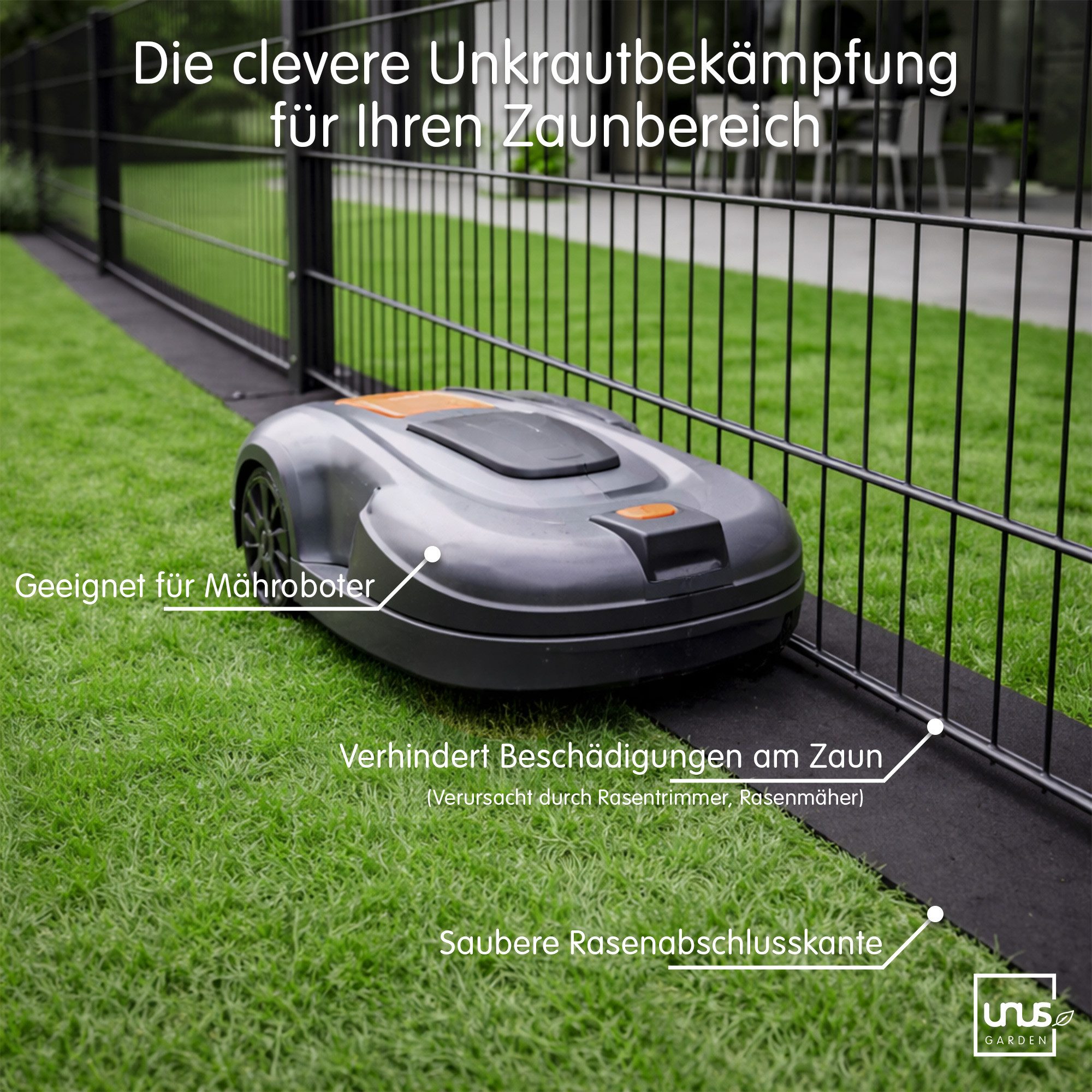 UNUS GARDEN Unkrautvlies Keinkraut® Zaunschutz Unkrautschutz, (für Ecken), saubere Mähkante, Schutz vor Unkraut unter dem Gartenzaun – Bild 3 von 5