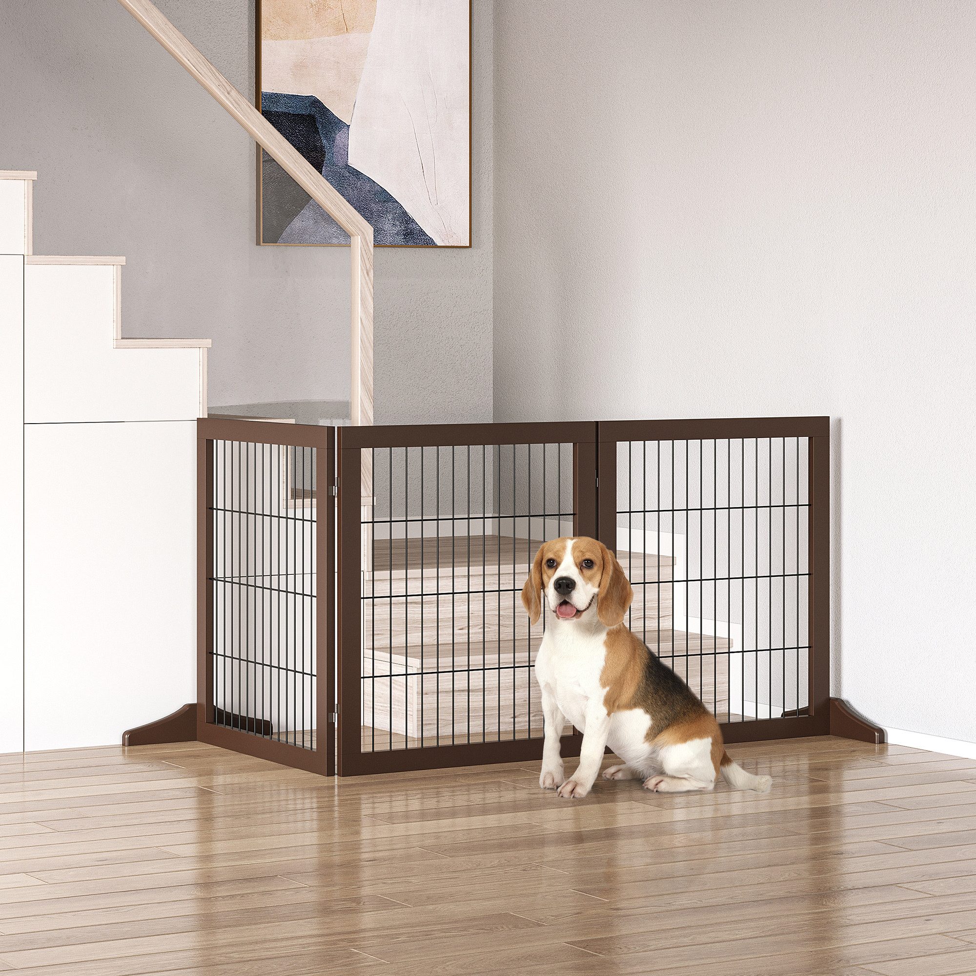 PawHut Hundegitter Absperrgitter Freistehendes Schutzgitter mit Füßen Holz (Hundeabsperrgitter, 1 St., Absperrgitter für Hunde), Braun 185 x 36 x 71 cm