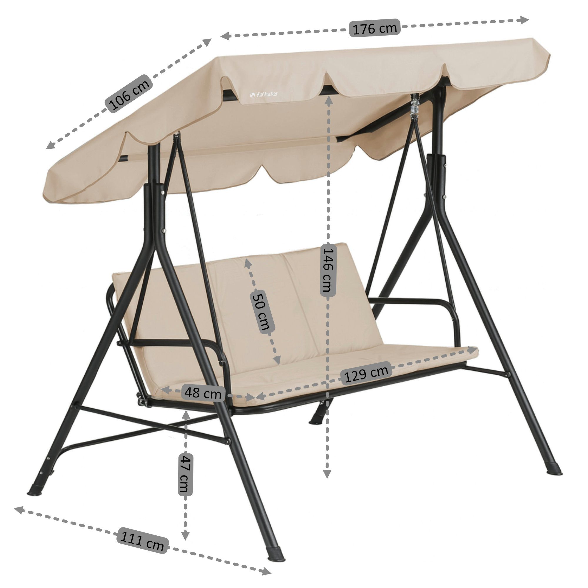 HinHocker Hollywoodschaukel 3-Sitzer mit Sonnendach, Beige, bis 250 kg belastbar, Gartenschaukel, 3.00-Sitzer, Schwingen, Sonnendach – Bild 4 von 5