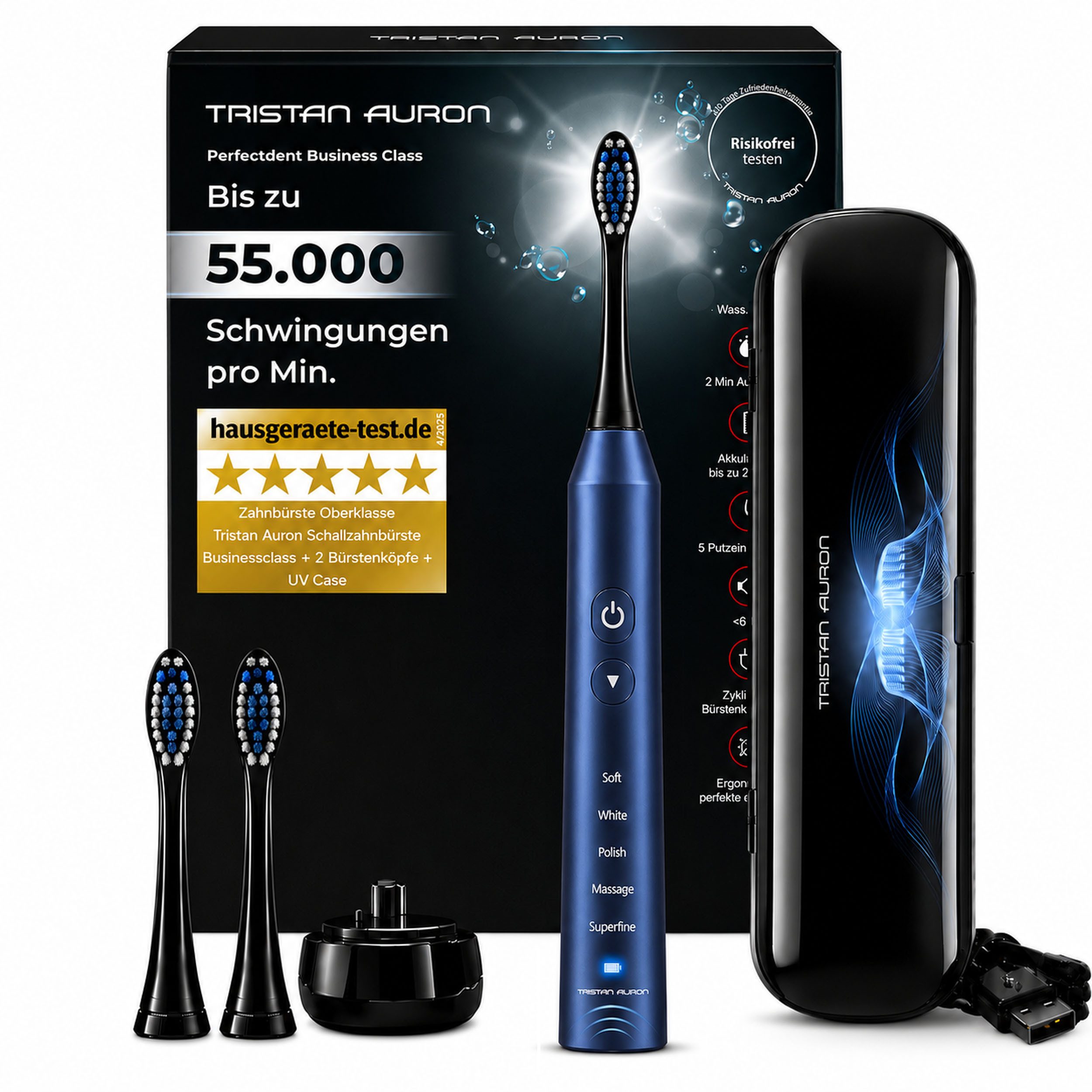 Tristan Auron Schallzahnbürste Elektrische Zahnbürste UV Case 55.000 VPM 2 Min Timer 60 Tage Akku, Aufsteckbürsten: 2 St., UV Reinigungsgerät, 5 Modis, extrem leise