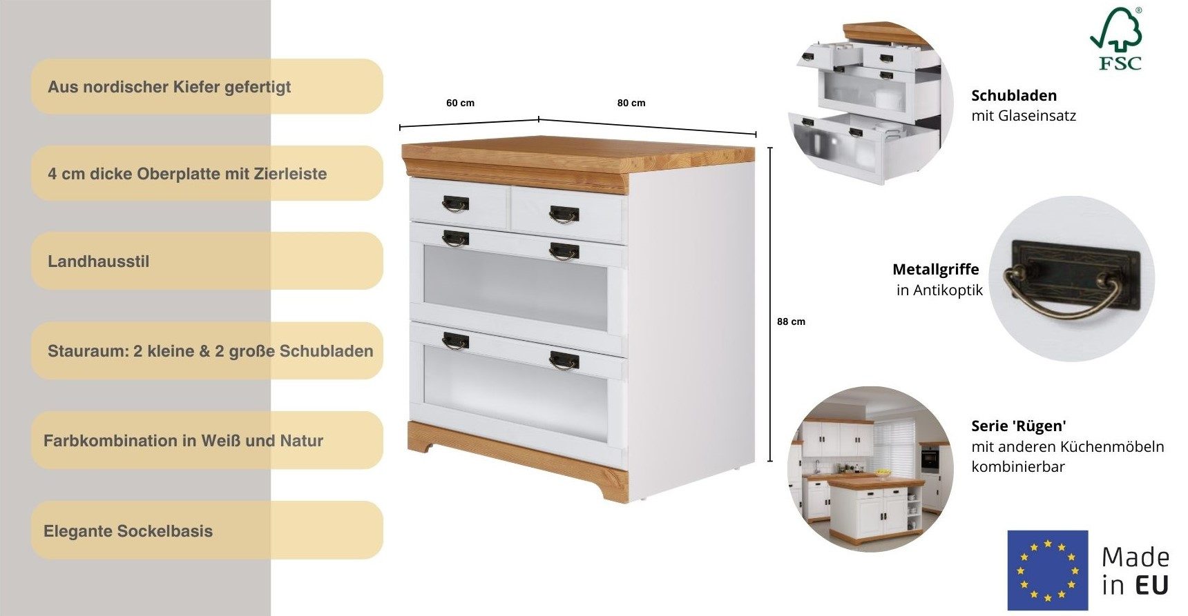 OTTO home Unterschrank Rügen Breite 80 cm, Kiefer massiv, Schubkästen mit Glaseinsatz
